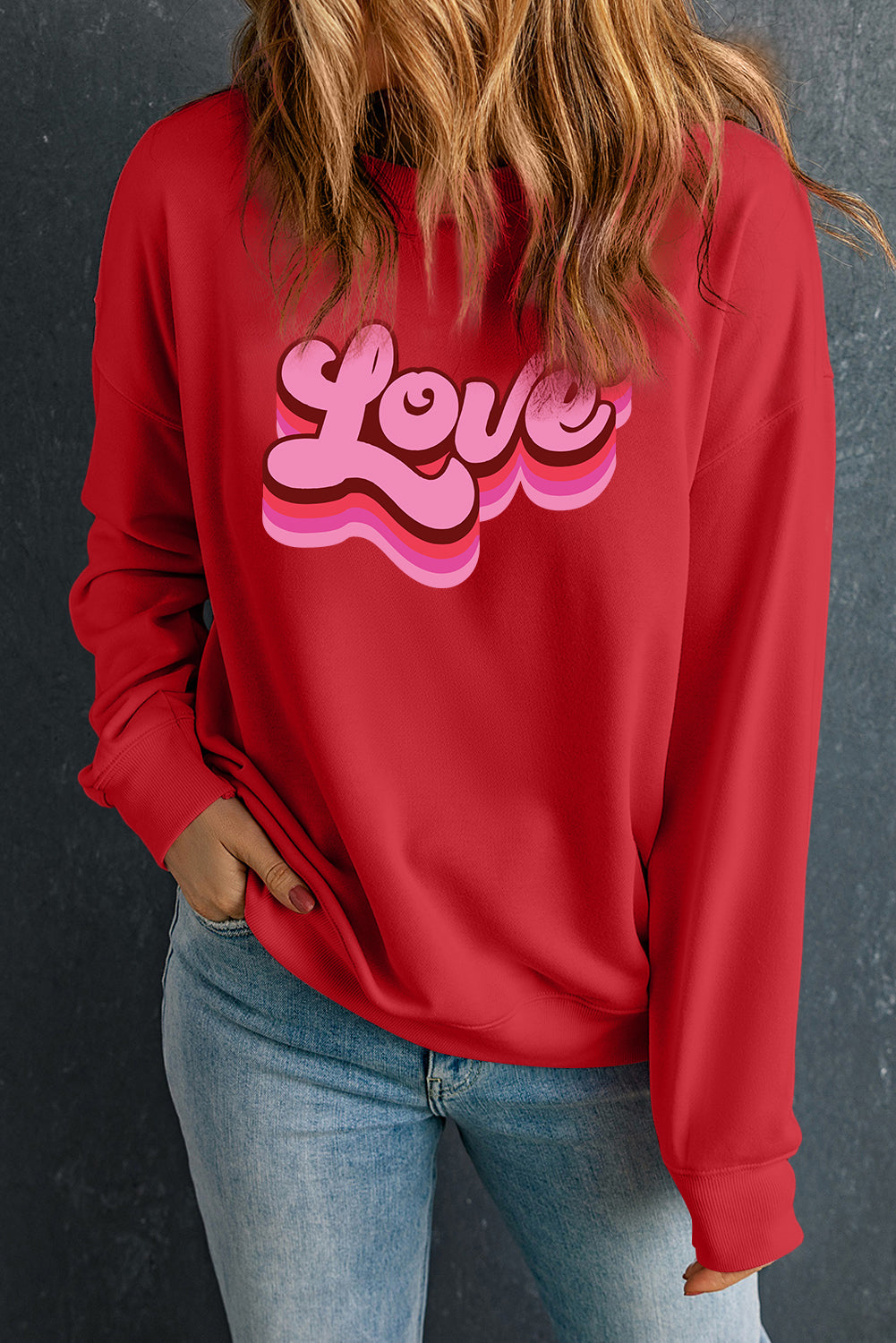 Red love Letter Printed Crewneck Valentines Day Sweatshirt-Graphic Sweatshirts-[Adult]-[Female]-2022 Online Blue Zone Planet