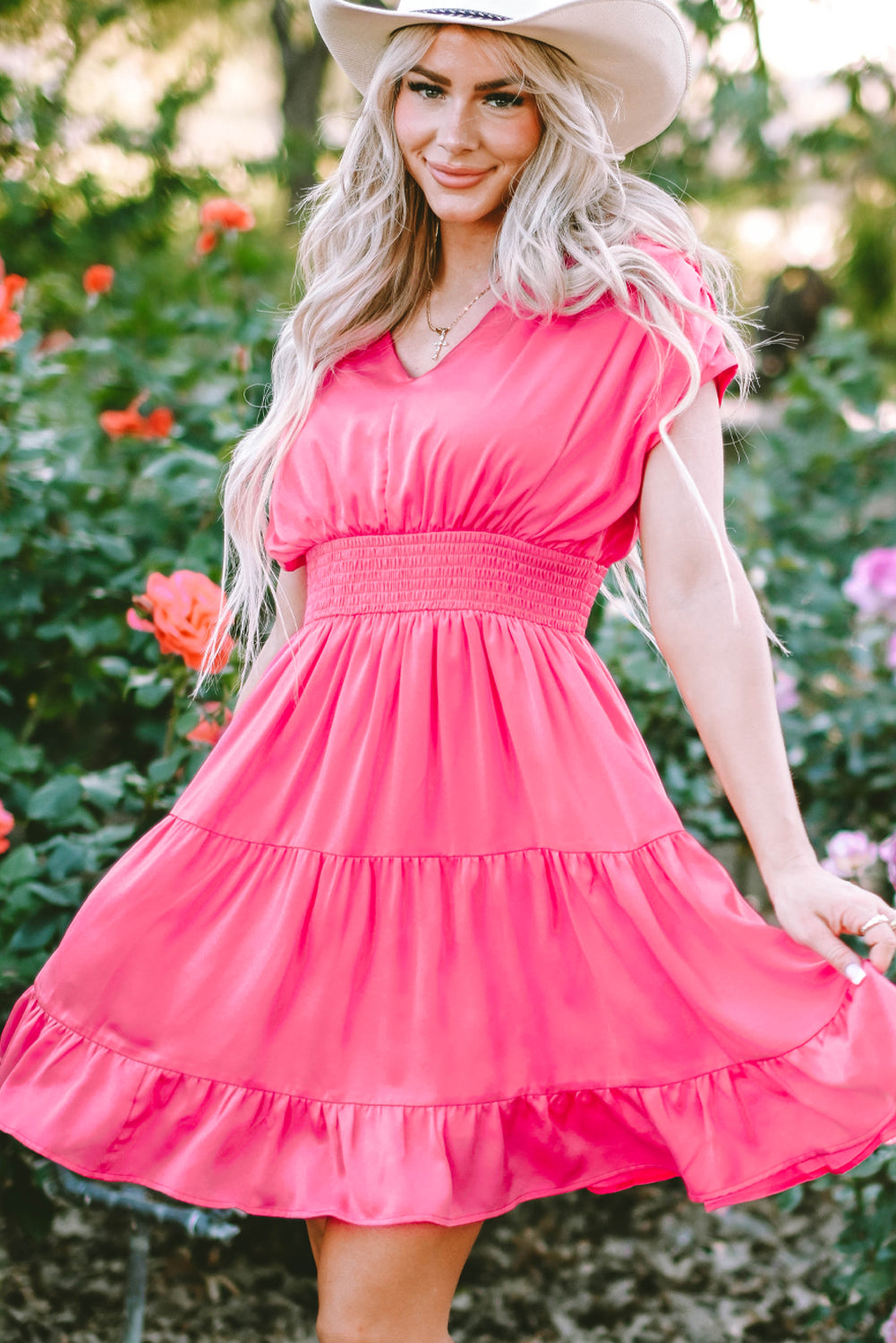 Strawberry Pink Ruched Sleeve V Neck Smock Waist Tiered Ruffled Dress Blue Zone Planet