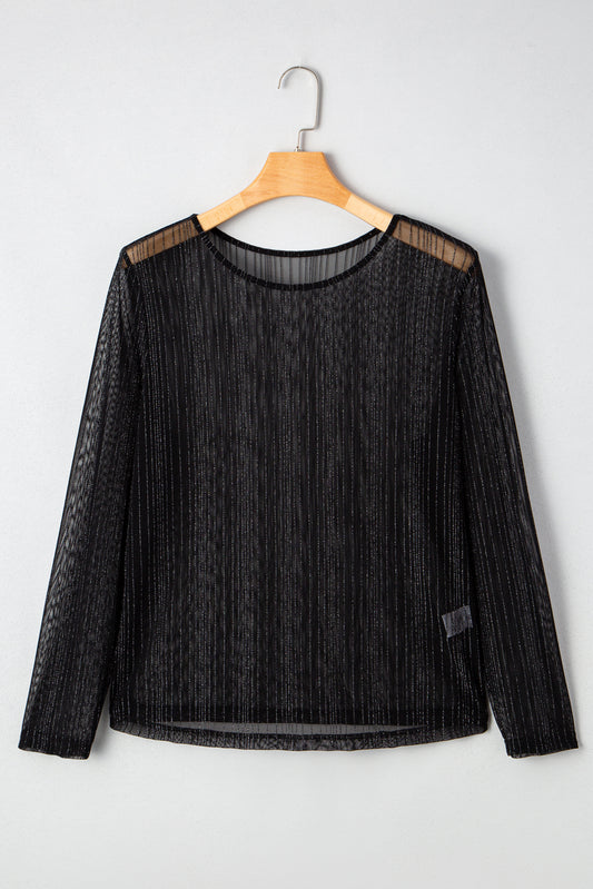 Black Plus Size Shimmer Textured Mesh Fitted Long Sleeve Top-Plus Size/Plus Size Tops/Plus Size Long Sleeve Tops-[Adult]-[Female]-2022 Online Blue Zone Planet