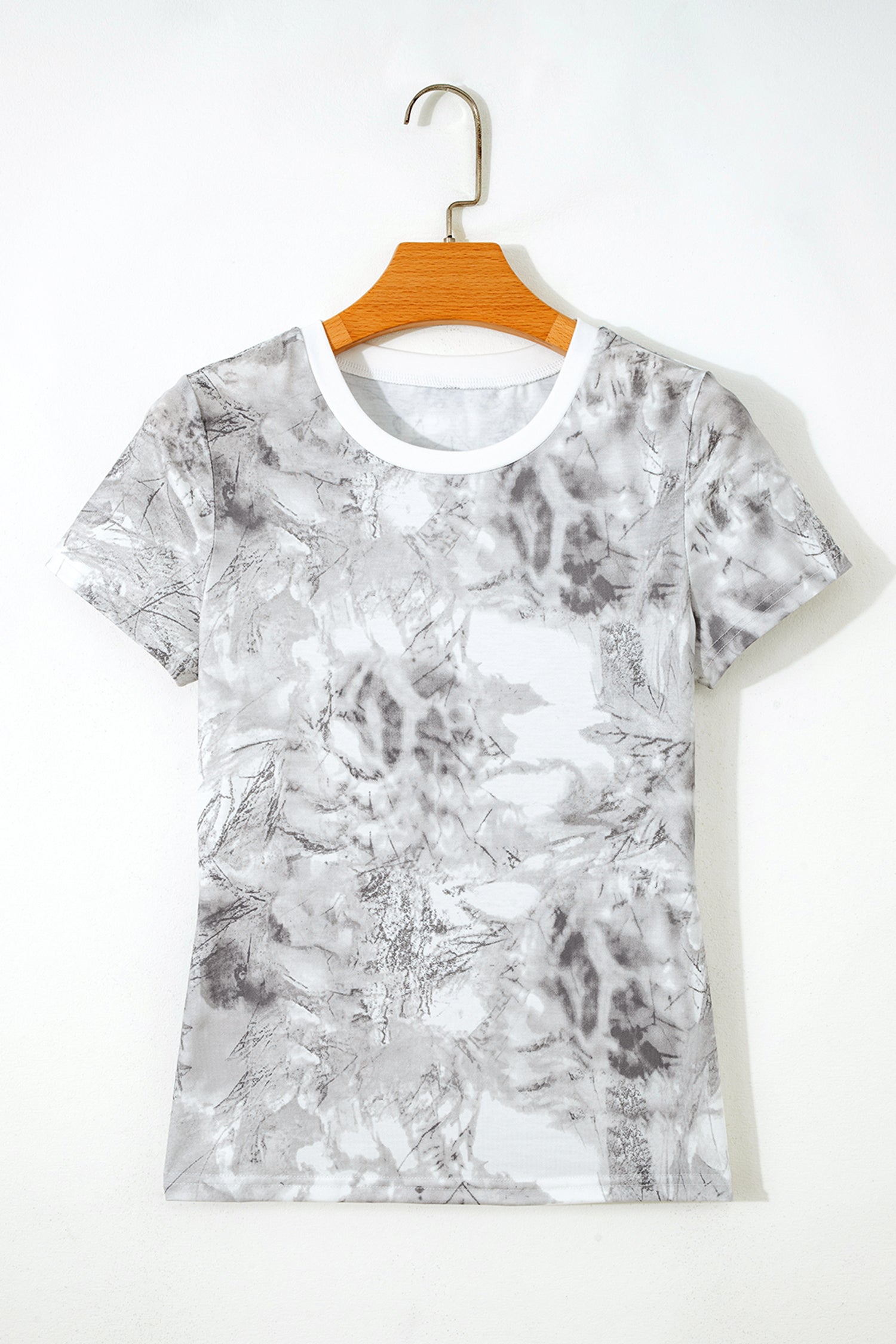 Gray Abstract Woodland Print Slim Fitted T Shirt-Tops/Tops & Tees-[Adult]-[Female]-2022 Online Blue Zone Planet