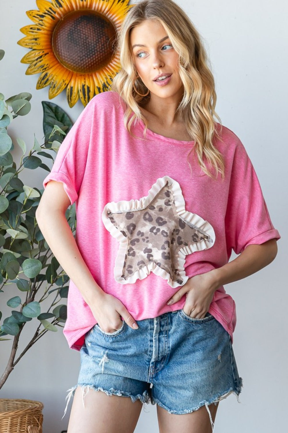 HOPELY Leopard Star Patch Short Sleeve T-Shirt-TOPS / DRESSES-[Adult]-[Female]-Pink-S-2022 Online Blue Zone Planet