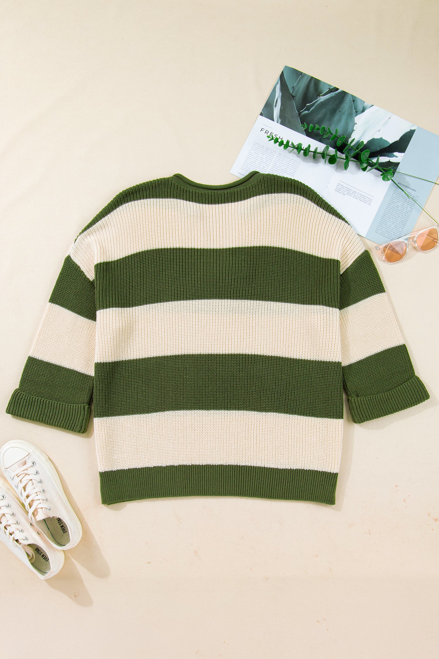 Green Stripe Colorblock Notched Neck Plus Size Sweater-TOPS / DRESSES-[Adult]-[Female]-2022 Online Blue Zone Planet