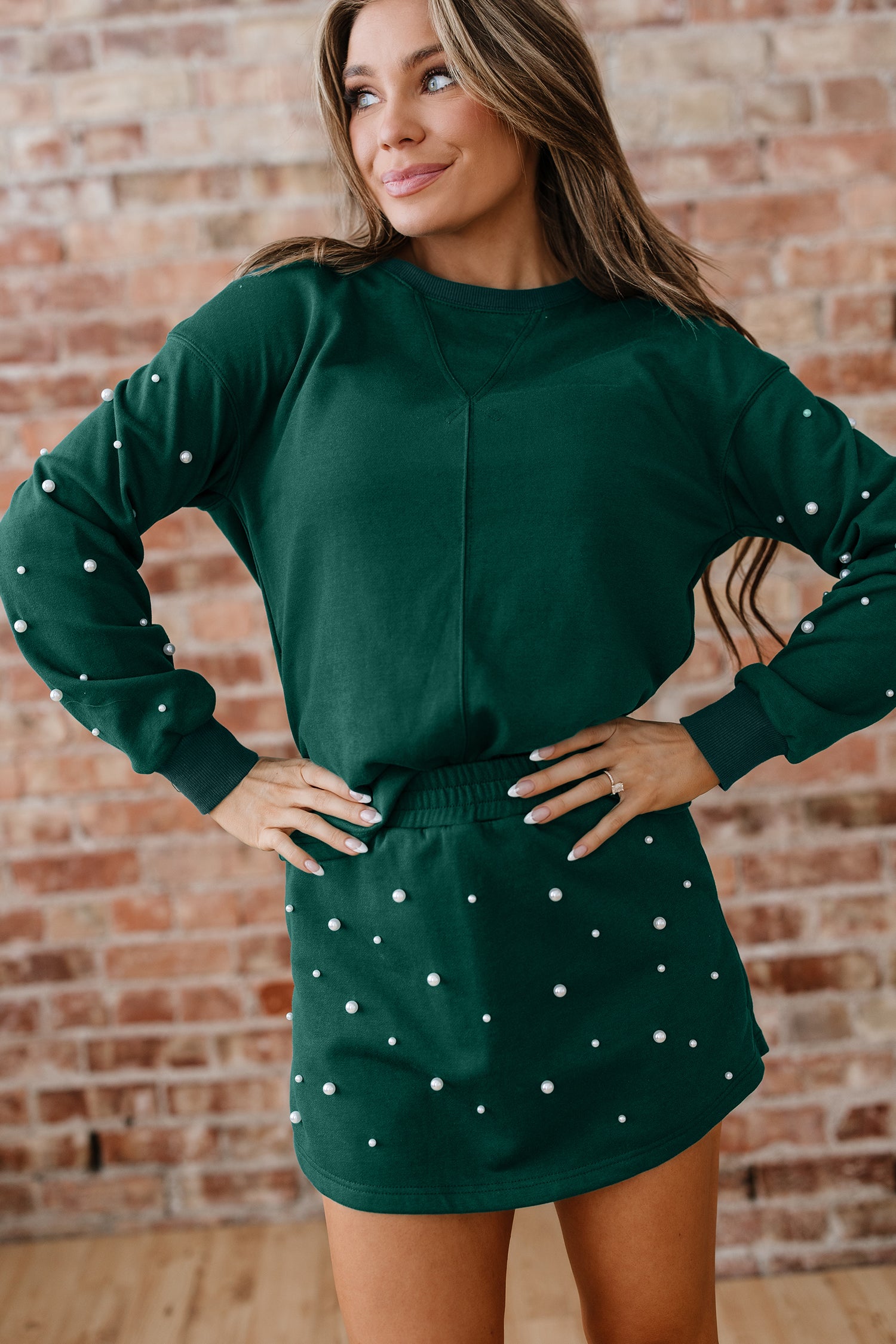 Dark Green Pearl Embellished Drop Shoulder Pullover Elastic Waist Mini Skirt Set-Two Piece Sets/Two Piece Dresses-[Adult]-[Female]-2022 Online Blue Zone Planet