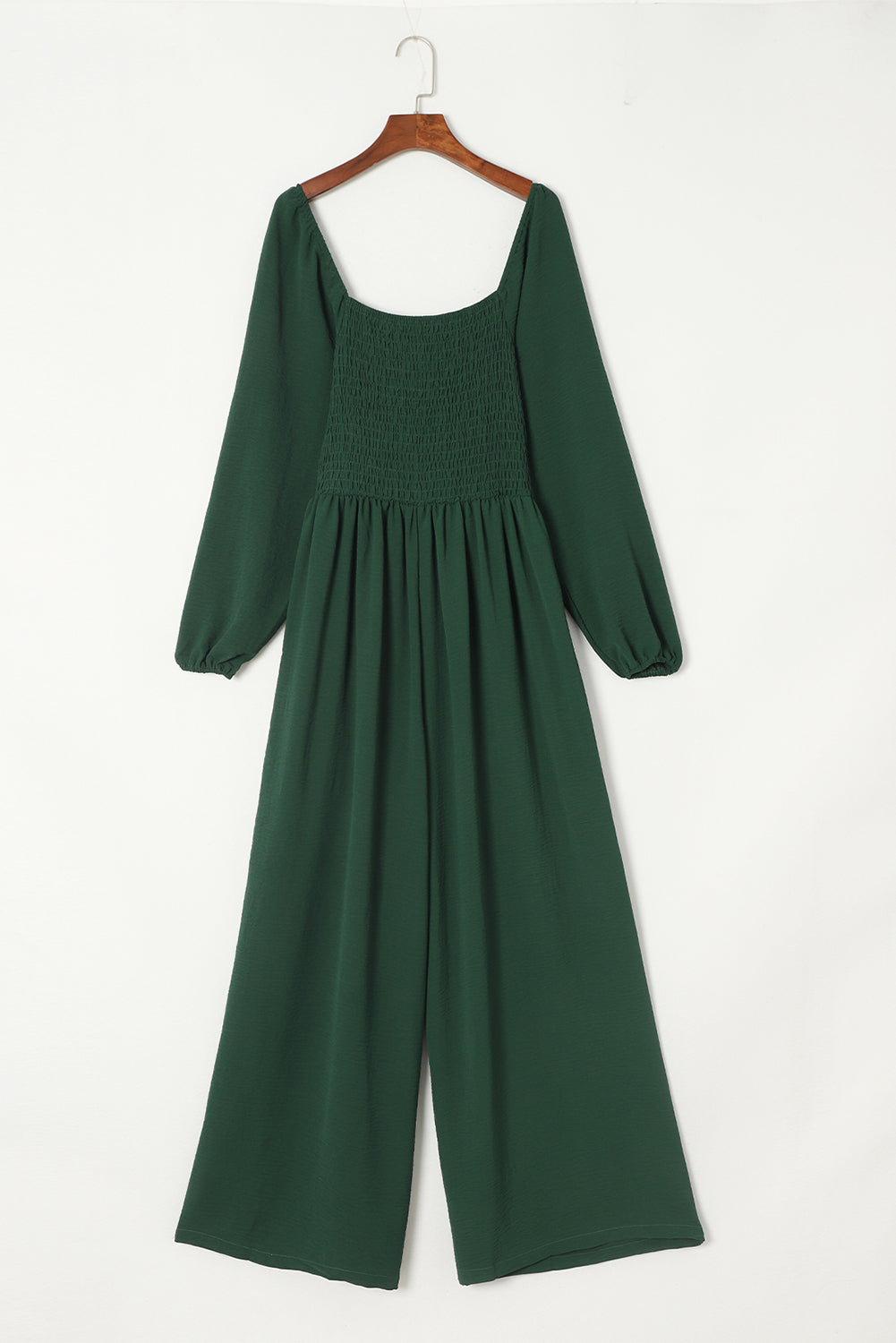 Green Smocked Square Neck Long Sleeve Wide Leg Jumpsuit-Jumpsuits-[Adult]-[Female]-2022 Online Blue Zone Planet