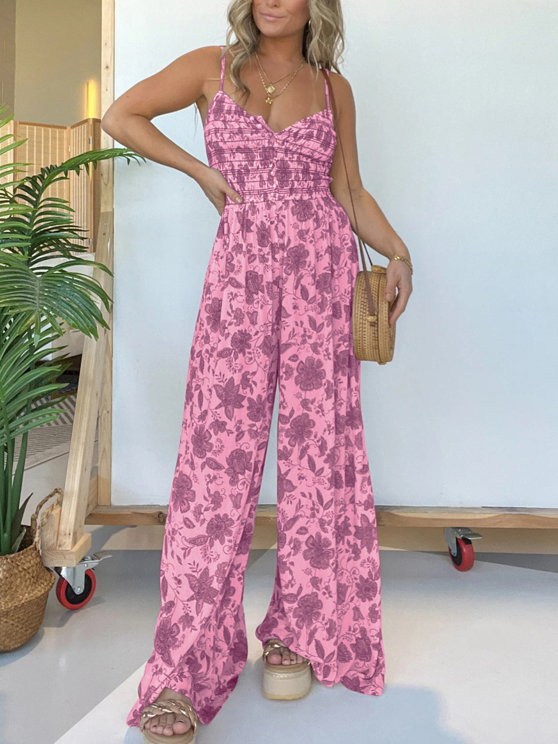 Full Size Printed Spaghetti Strap Wide Leg Jumpsuit-TOPS / DRESSES-[Adult]-[Female]-2022 Online Blue Zone Planet