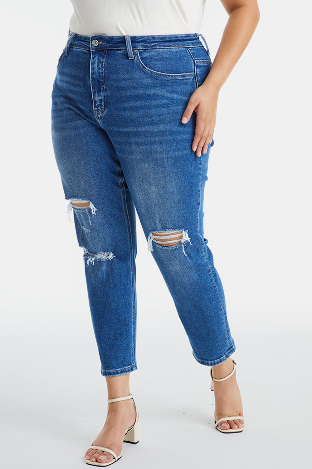 BAYEAS Full Size Distressed High Waist Mom Jeans BLUE ZONE PLANET