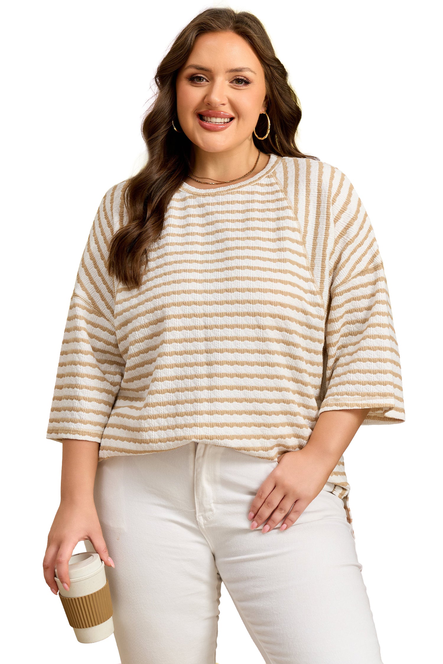 Apricot Stripe Plus Size Textured Patchwork Detail Half Sleeve Top-Plus Size/Plus Size Tops/Plus Size Tops & Tees-[Adult]-[Female]-2022 Online Blue Zone Planet