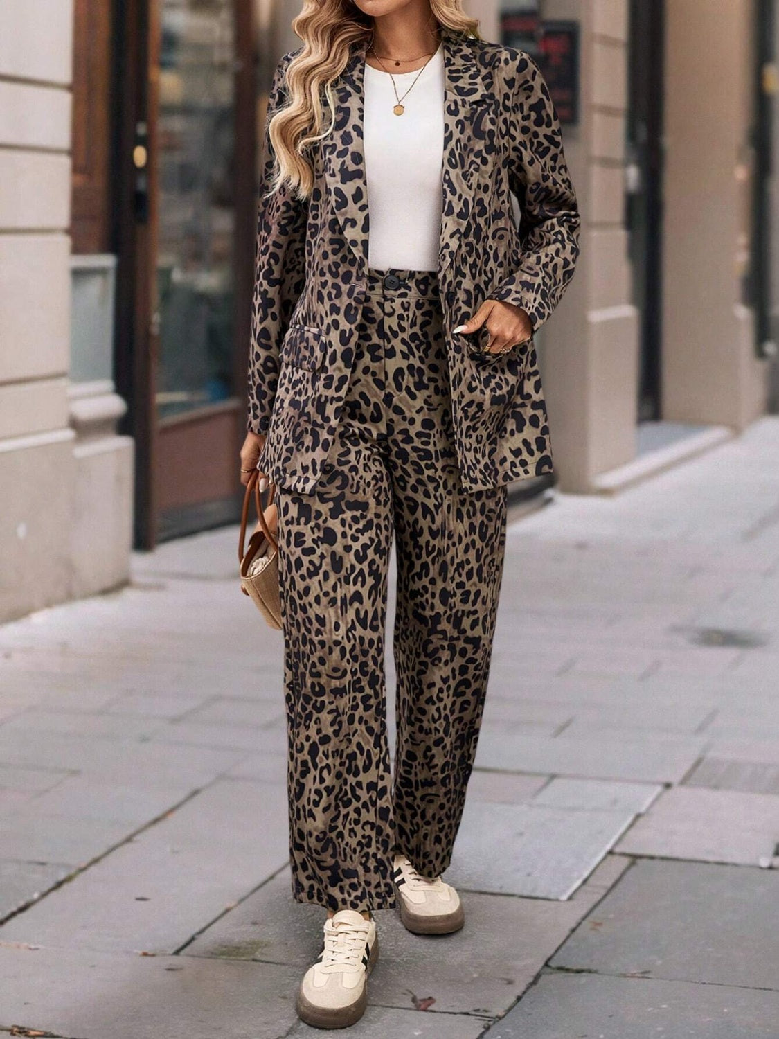 Full Size Leopard Lapel Collar Long Sleeve Blazer and Pants Set-TOPS / DRESSES-[Adult]-[Female]-2022 Online Blue Zone Planet