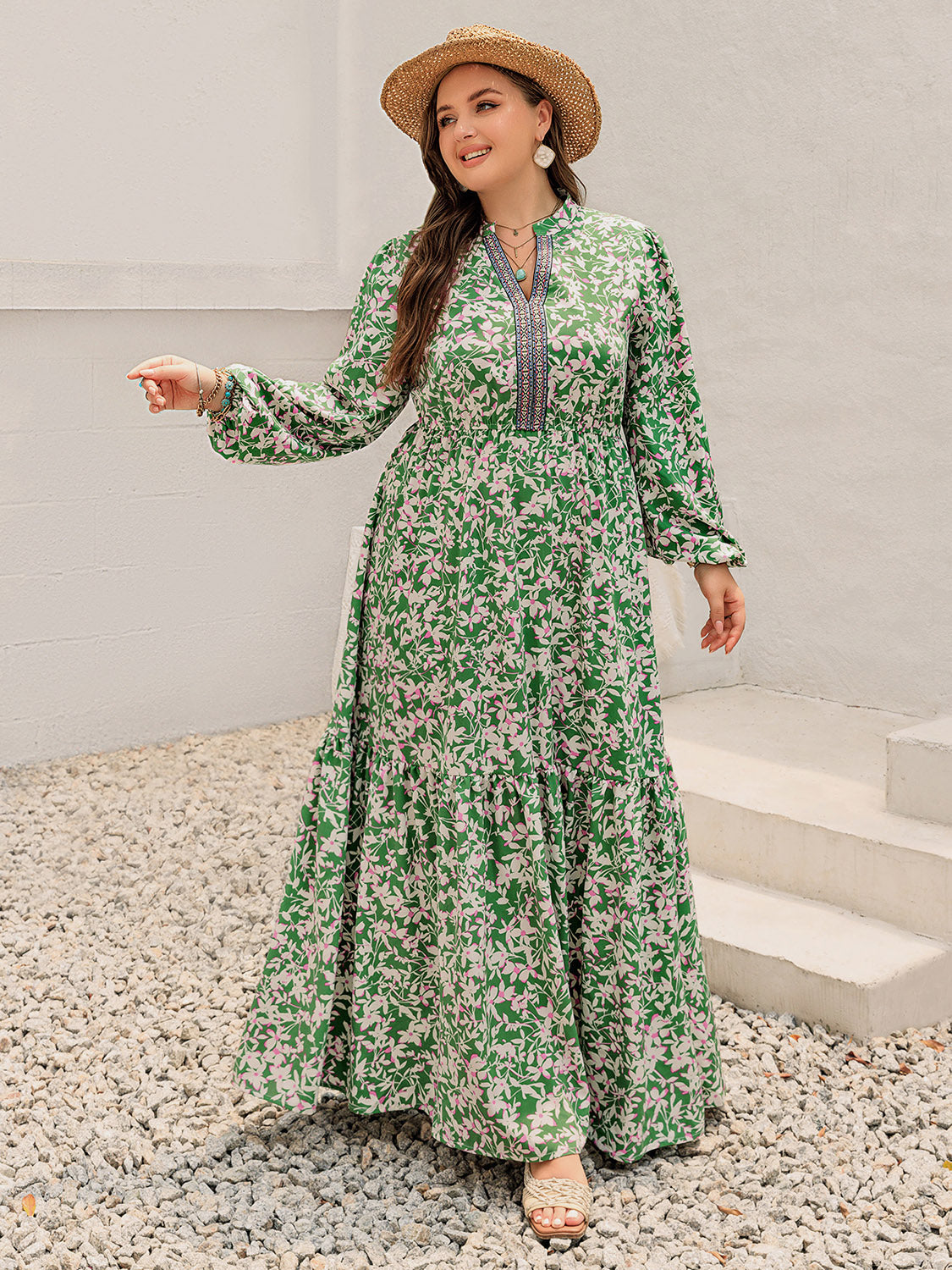 Blue Zone Planet | Plus Size Printed Notched Long Sleeve Maxi Dress-TOPS / DRESSES-[Adult]-[Female]-Green-0XL-2022 Online Blue Zone Planet