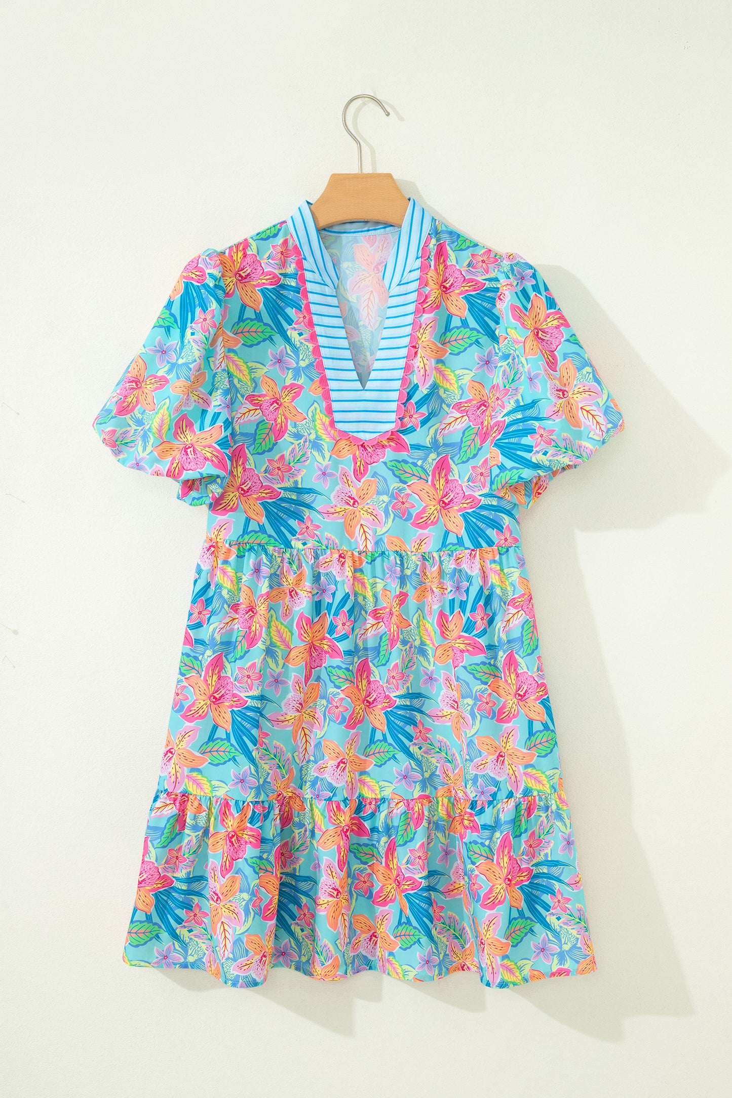 Multicolour Floral Print Contrast Scallop Striped Trim V Neck Dress-TOPS / DRESSES-[Adult]-[Female]-2022 Online Blue Zone Planet