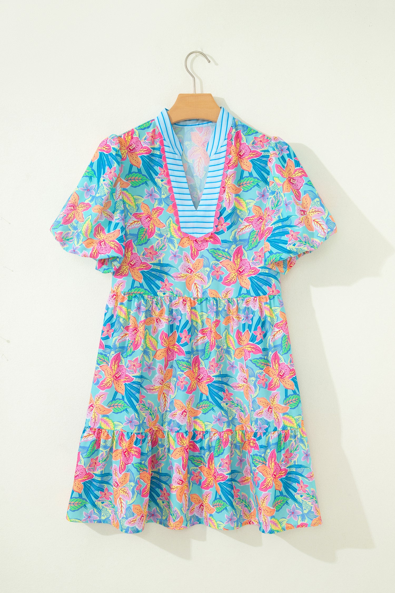 Multicolour Floral Print Contrast Scallop Striped Trim V Neck Dress-TOPS / DRESSES-[Adult]-[Female]-2022 Online Blue Zone Planet