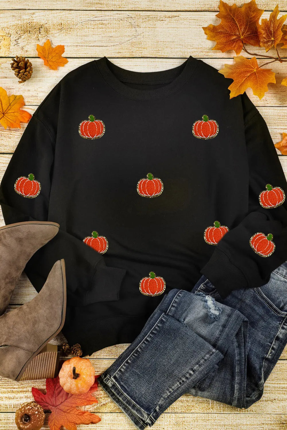 Pumpkin Round Neck Long Sleeve Sweatshirt-TOPS / DRESSES-[Adult]-[Female]-2022 Online Blue Zone Planet