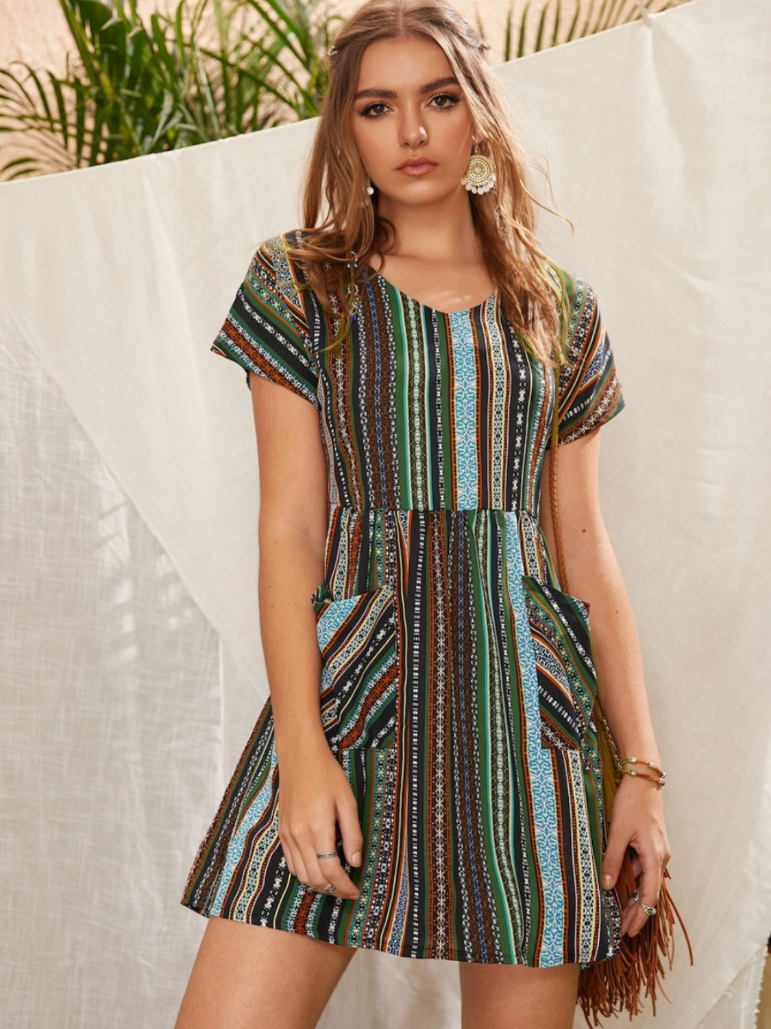 Pocketed Striped Short Sleeve Dress-TOPS / DRESSES-[Adult]-[Female]-Matcha Green-S-2022 Online Blue Zone Planet