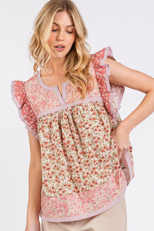 Mittoshop Floral Notched Ruffled Cap Sleeve Blouse-TOPS / DRESSES-[Adult]-[Female]-2022 Online Blue Zone Planet