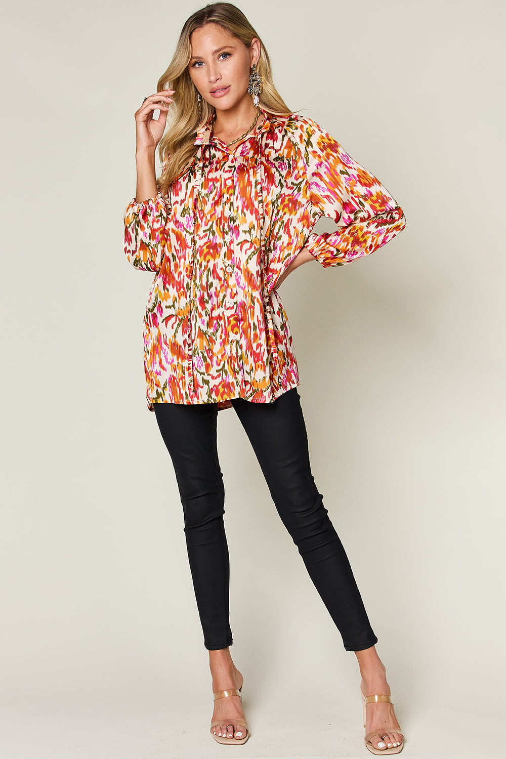 Double Take Full Size Printed Button Up Long Sleeve Shirt-TOPS / DRESSES-[Adult]-[Female]-2022 Online Blue Zone Planet