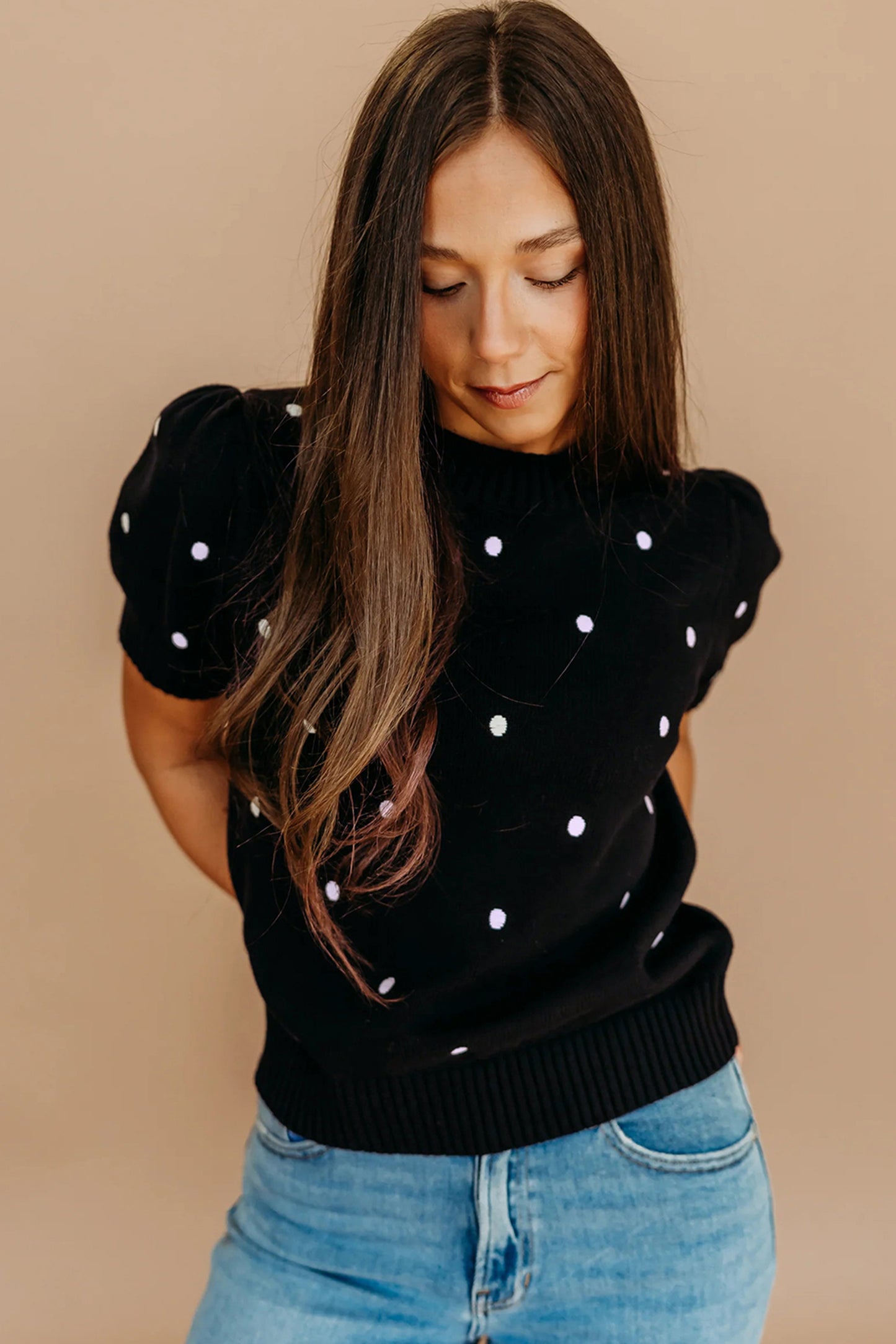 Black Elegant Polka Dot Bubble Short Sleeve Sweater-TOPS / DRESSES-[Adult]-[Female]-2022 Online Blue Zone Planet