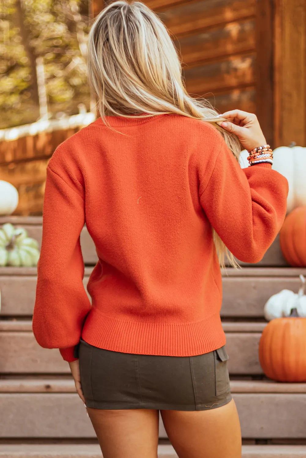 Pumpkin Pattern Round Neck Sweater-TOPS / DRESSES-[Adult]-[Female]-2022 Online Blue Zone Planet