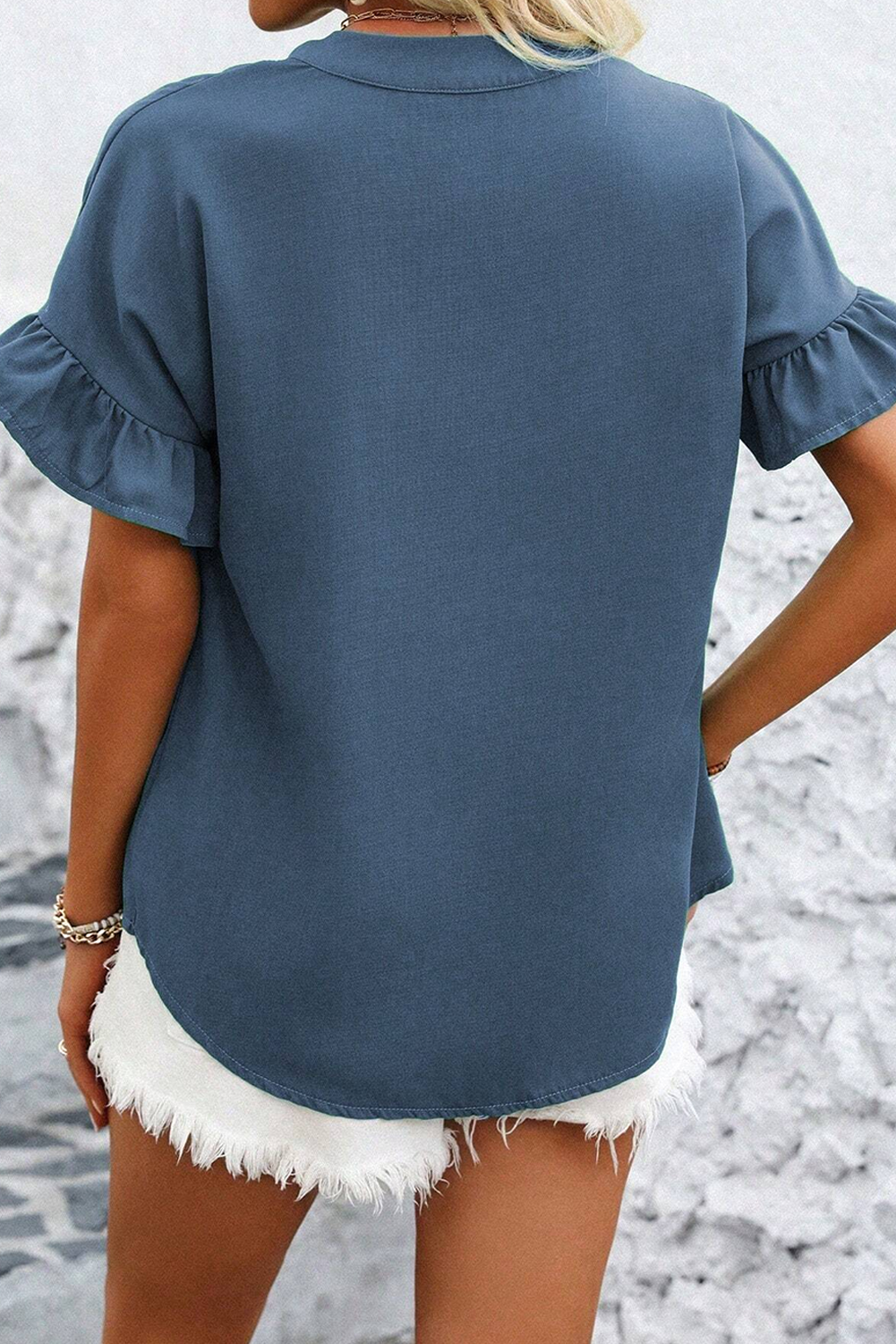Real Teal Solid Color Ruffle Ruched Short Sleeve Buttoned Shirt-Tops/Blouses & Shirts-[Adult]-[Female]-2022 Online Blue Zone Planet