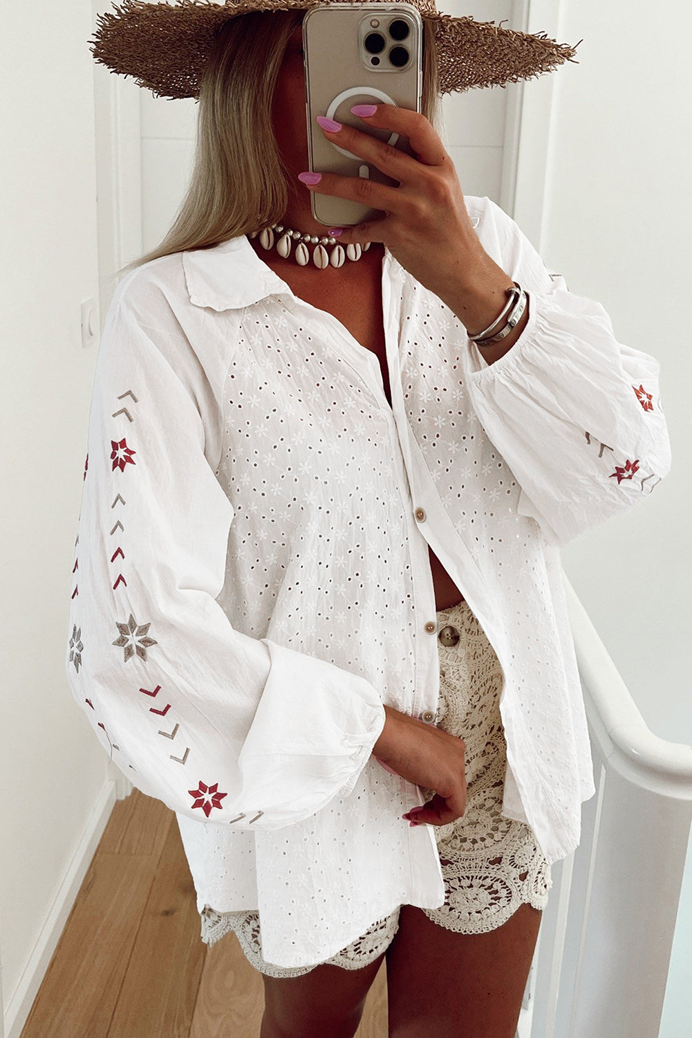 Embroidered Eyelet Collared Neck Long Sleeve Shirt-TOPS / DRESSES-[Adult]-[Female]-2022 Online Blue Zone Planet