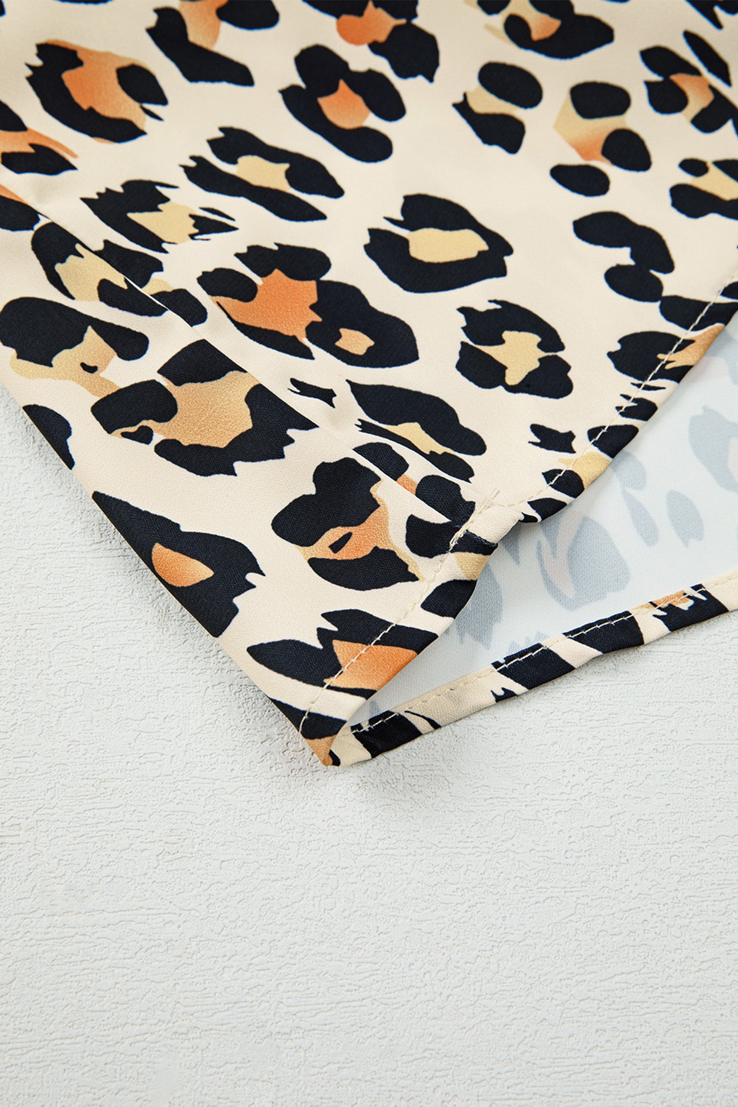 Khaki Leopard Color Block Contrast Striped V Neck Half Sleeve Loose Fit Blouse-Tops/Blouses & Shirts-[Adult]-[Female]-2022 Online Blue Zone Planet
