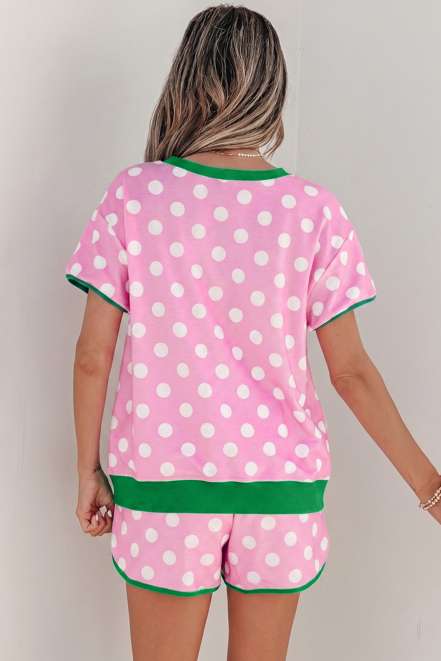 Pink Polka Dot Contrast Edge Casual Short Set-Two Piece Sets/Short Sets-[Adult]-[Female]-2022 Online Blue Zone Planet