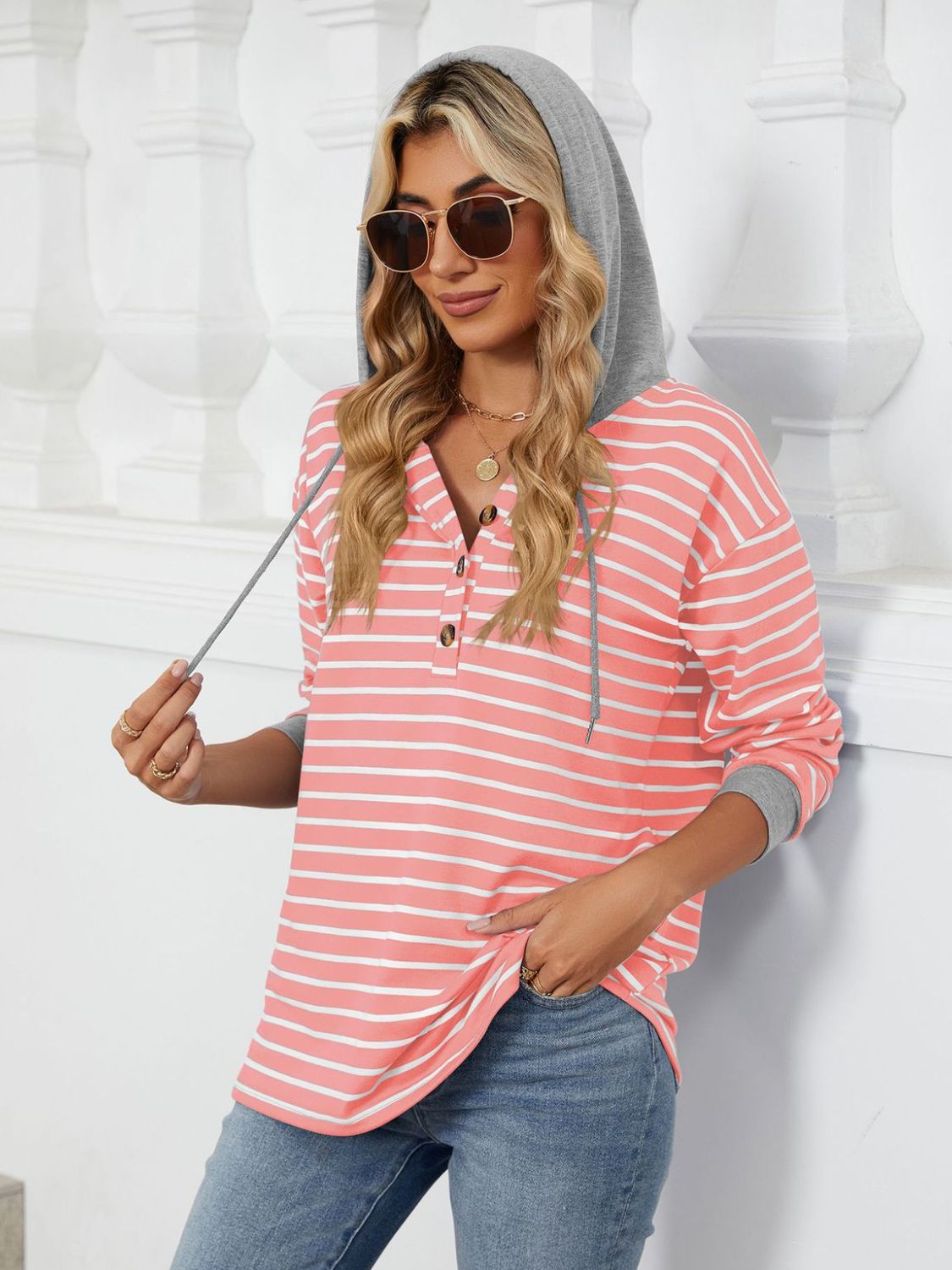 Drawstring Striped Long Sleeve Hoodie-HOODIES-[Adult]-[Female]-2022 Online Blue Zone Planet