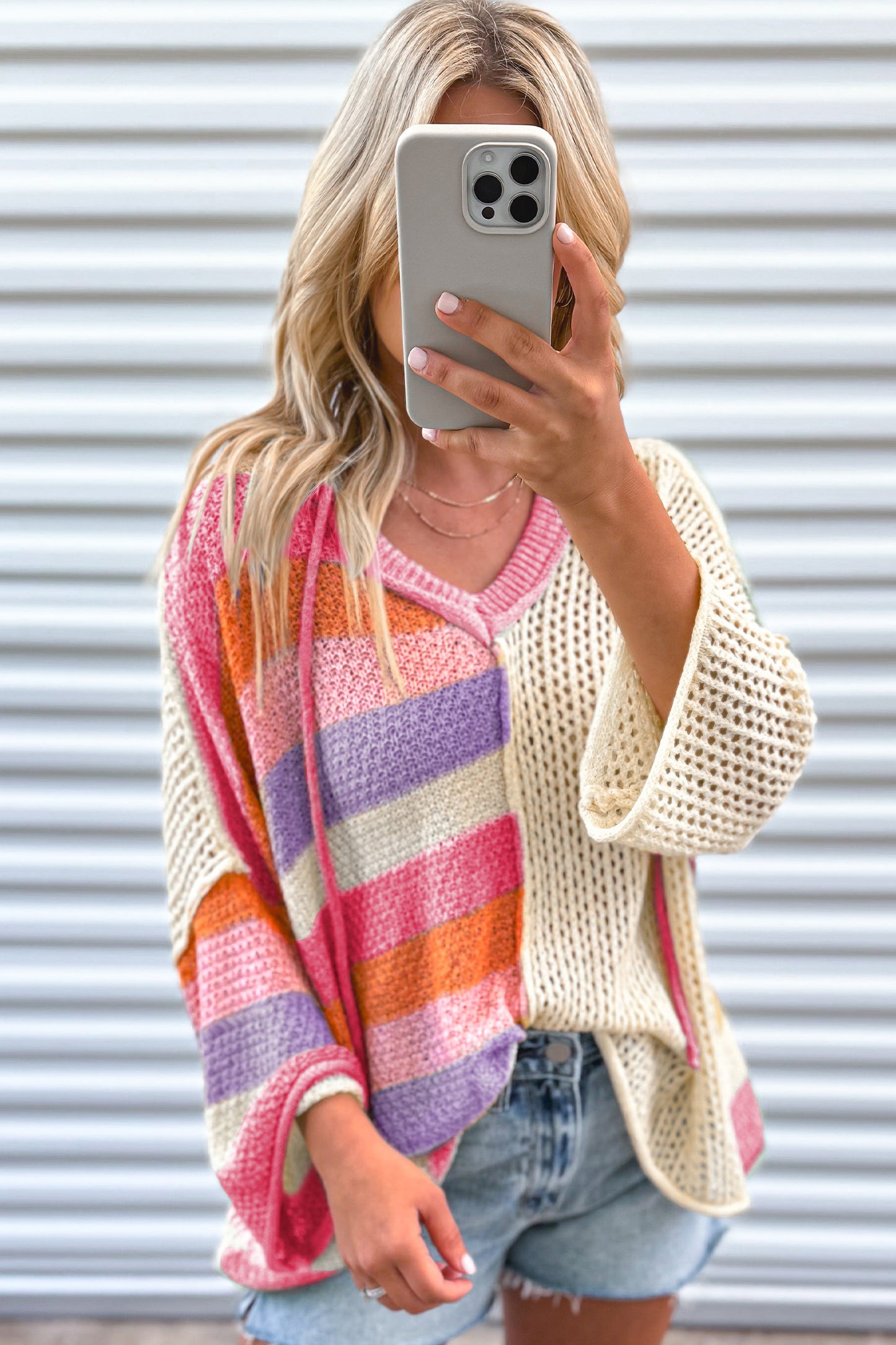 Blue Zone Planet | Beige Oversized Colorblock V Neck Hooded Sweater-Tops / Dresses-[Adult]-[Female]-2022 Online Blue Zone Planet