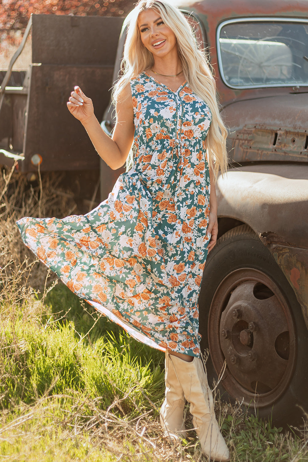 Green Floral Print Trimmed V Neck Tie Waist Sleeveless Holiday Long Dress-TOPS / DRESSES-[Adult]-[Female]-2022 Online Blue Zone Planet