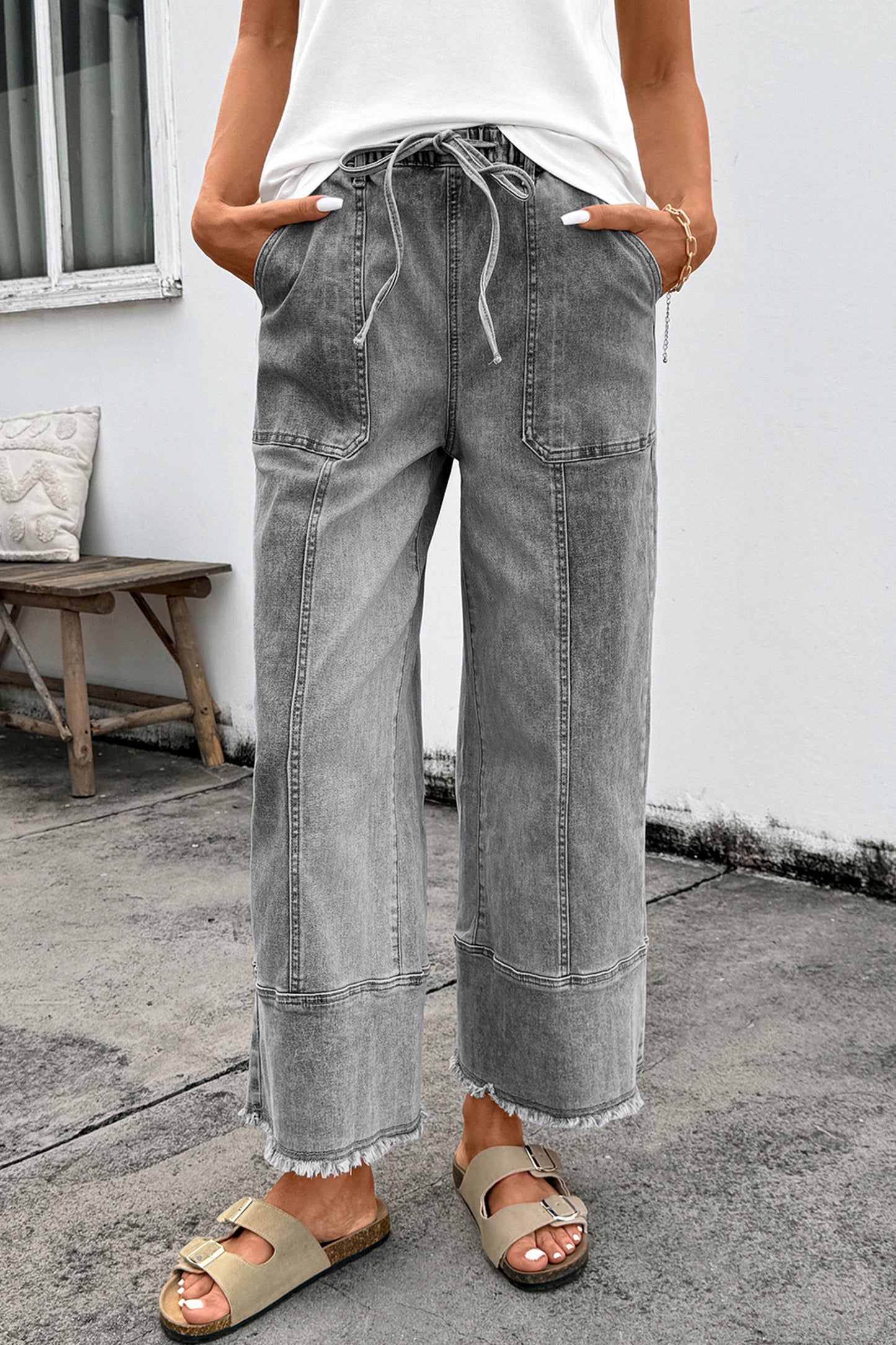 Gray Drawstring Seam Detail Raw Hem Wide Leg Denim Pants-Bottoms/Jeans-[Adult]-[Female]-2022 Online Blue Zone Planet