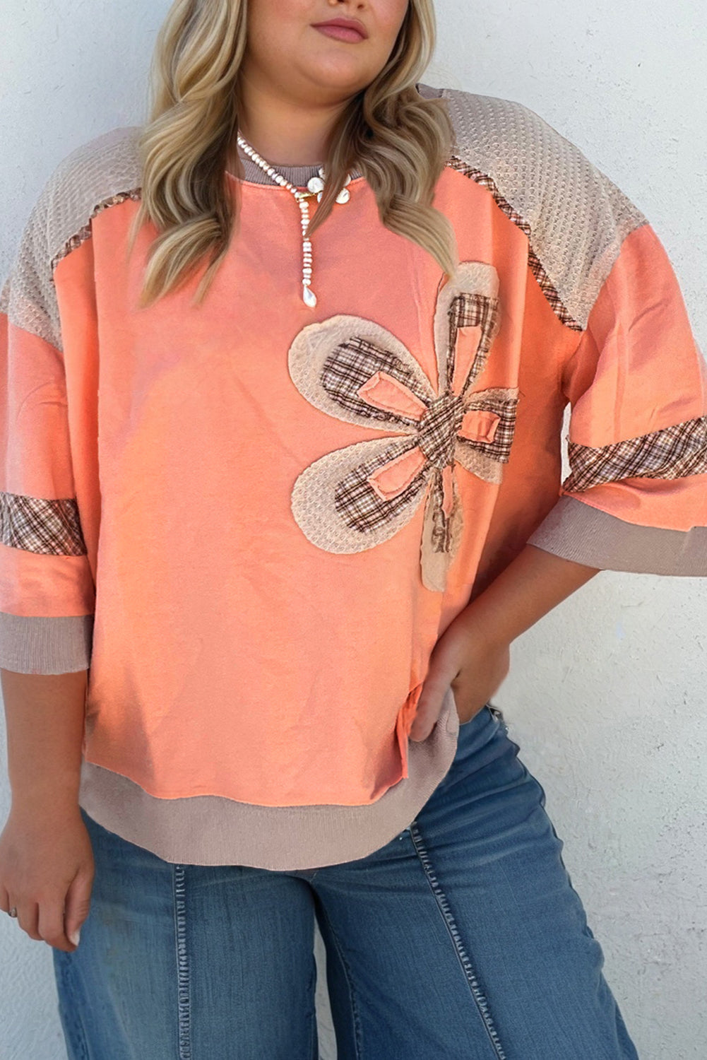 Grapefruit Orange Plaid Flower Waffle Patched Plus Size 3/4 Sleeve Top-Plus Size/Plus Size Tops/Plus Size Long Sleeve Tops-[Adult]-[Female]-Grapefruit Orange-1X-2022 Online Blue Zone Planet