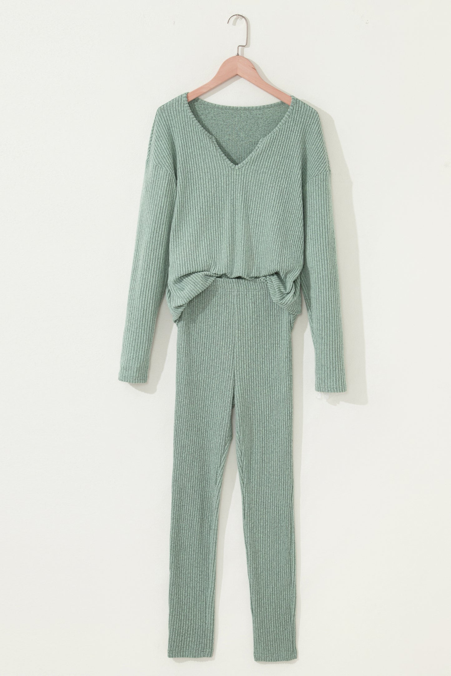 Grass Green Ribbed Notched Neck Knit Long Sleeve Leggings Two Pieces Lounge Set-Loungewear & Sleepwear/Loungewear-[Adult]-[Female]-2022 Online Blue Zone Planet