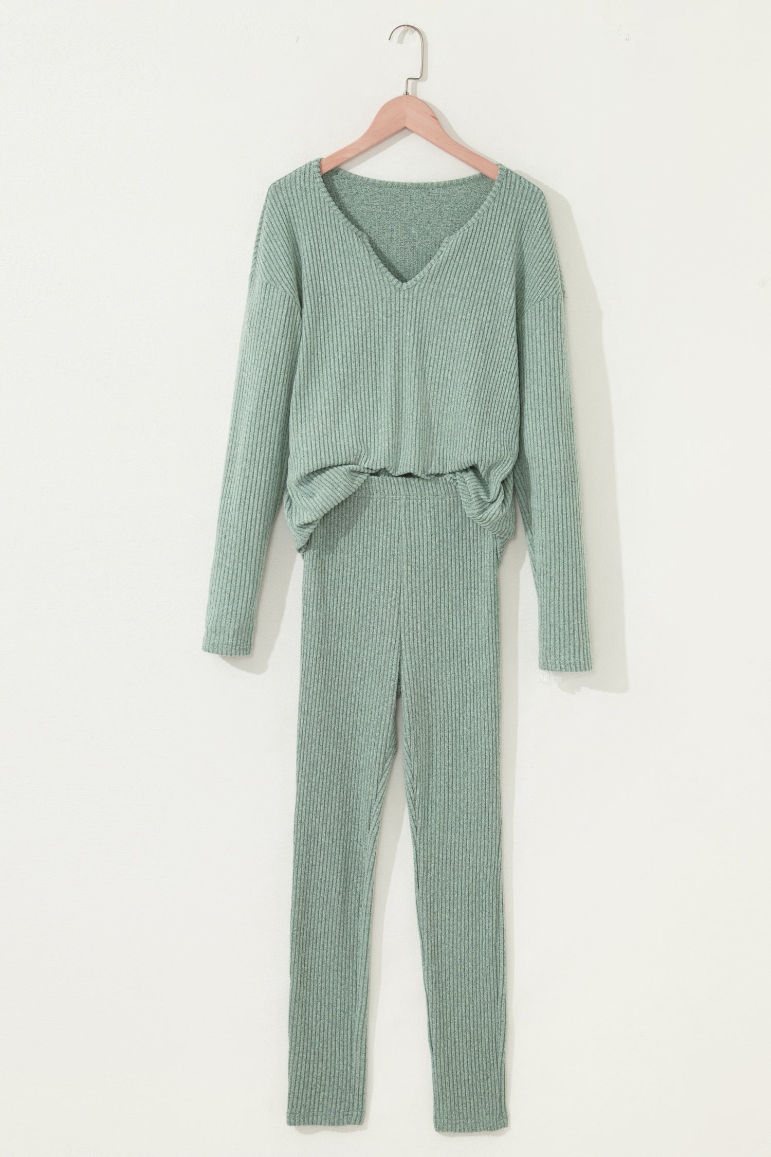 Grass Green Ribbed Notched Neck Knit Long Sleeve Leggings Two Pieces Lounge Set-Loungewear & Sleepwear/Loungewear-[Adult]-[Female]-2022 Online Blue Zone Planet