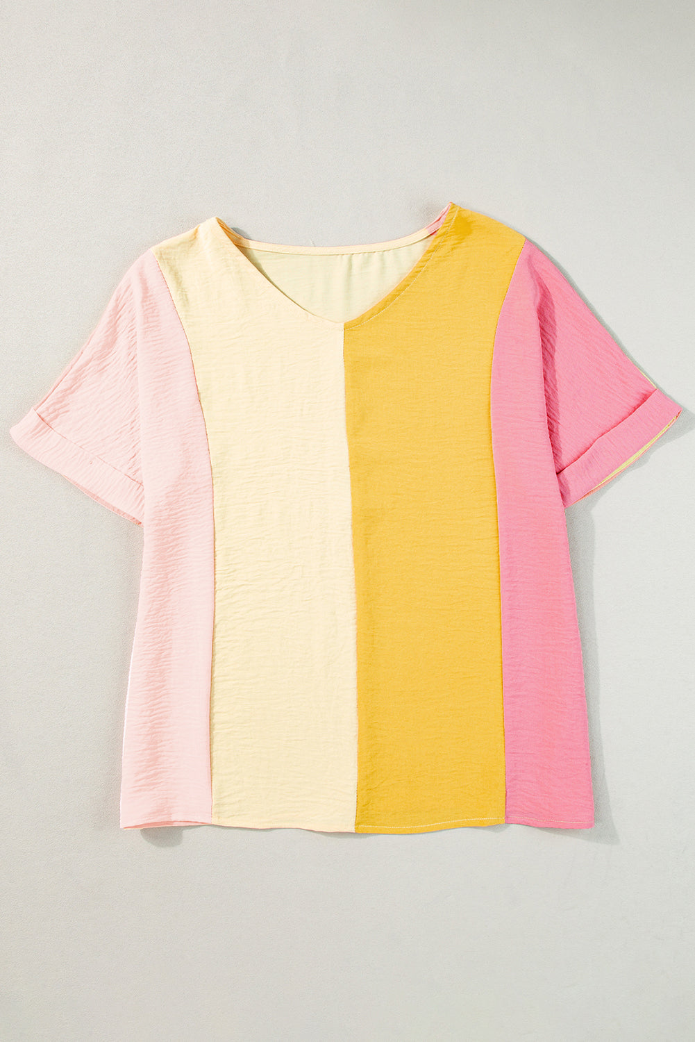 Apricot Crinkled Colorblock Patchwork V Neck T Shirt Blue Zone Planet