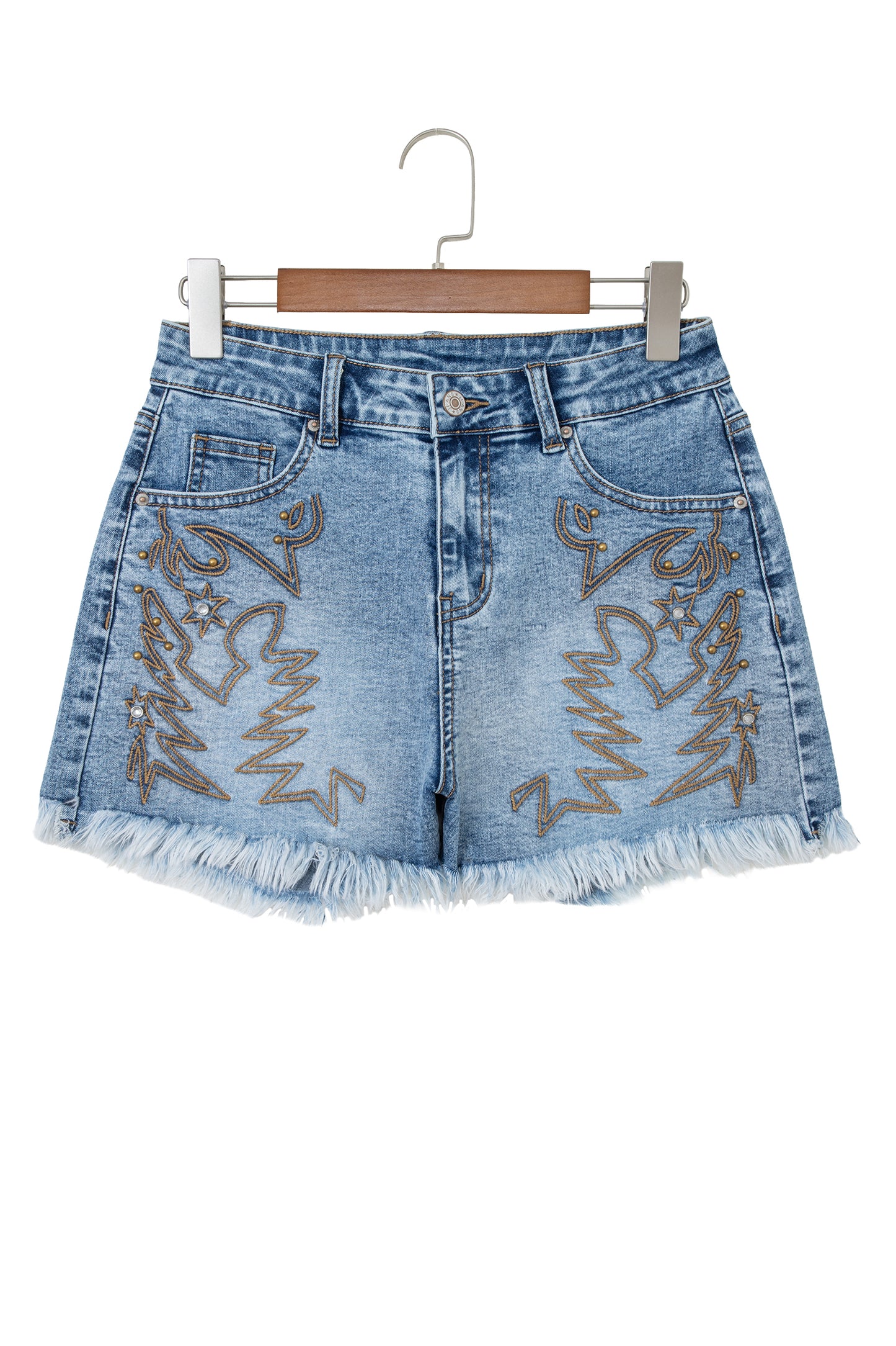Dusk Blue Western Embroidery Stud Denim Shorts Summer Daily Wear-Bottoms/Denim Shorts-[Adult]-[Female]-2022 Online Blue Zone Planet