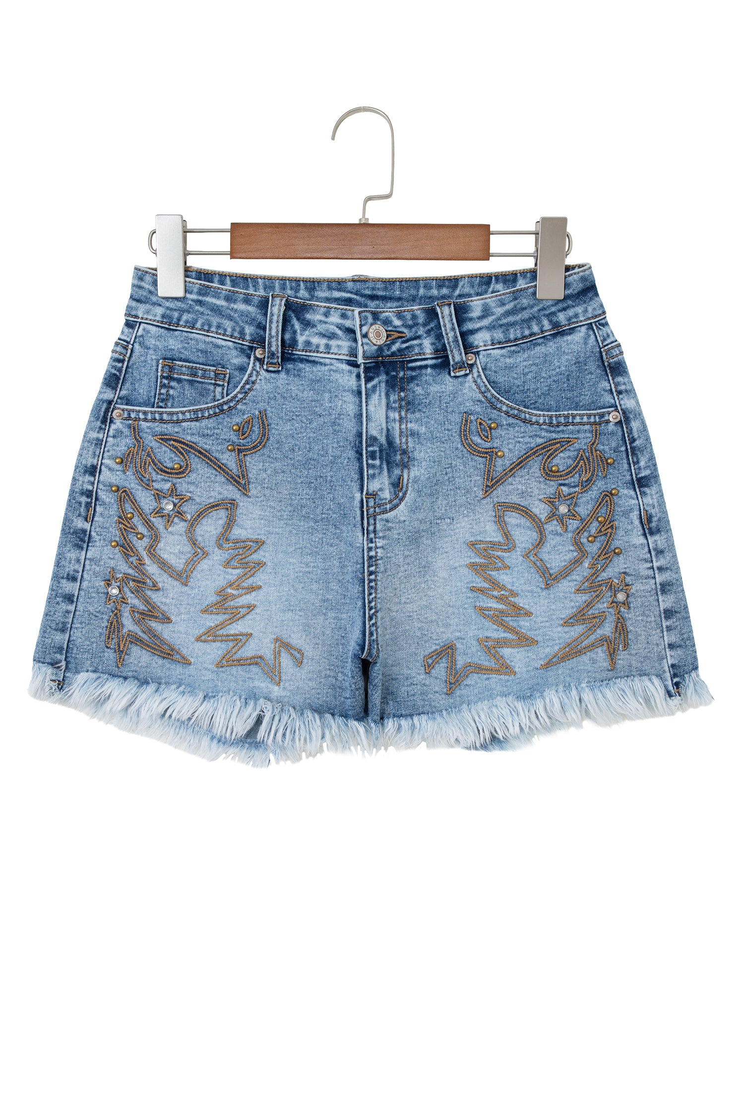 Dusk Blue Western Embroidery Stud Denim Shorts Summer Daily Wear-Bottoms/Denim Shorts-[Adult]-[Female]-2022 Online Blue Zone Planet