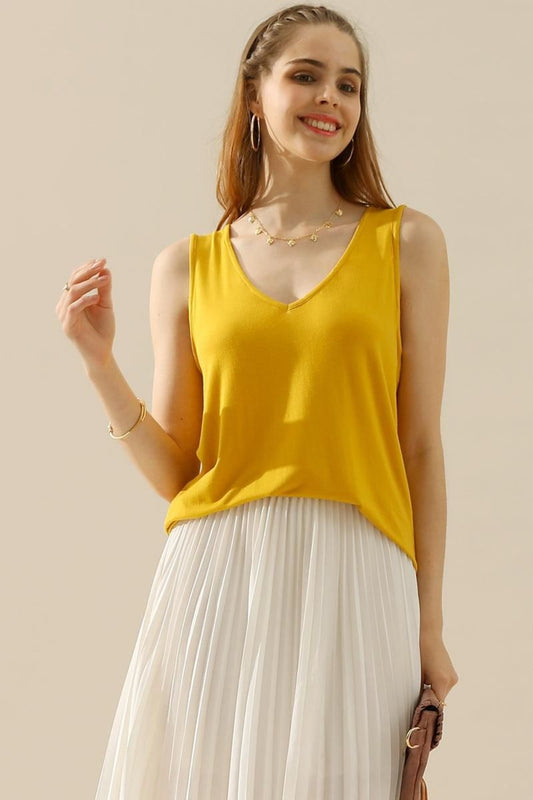 Ninexis Full Size V-Neck Curved Hem Tank-TOPS / DRESSES-[Adult]-[Female]-MUSTARD-S-2022 Online Blue Zone Planet