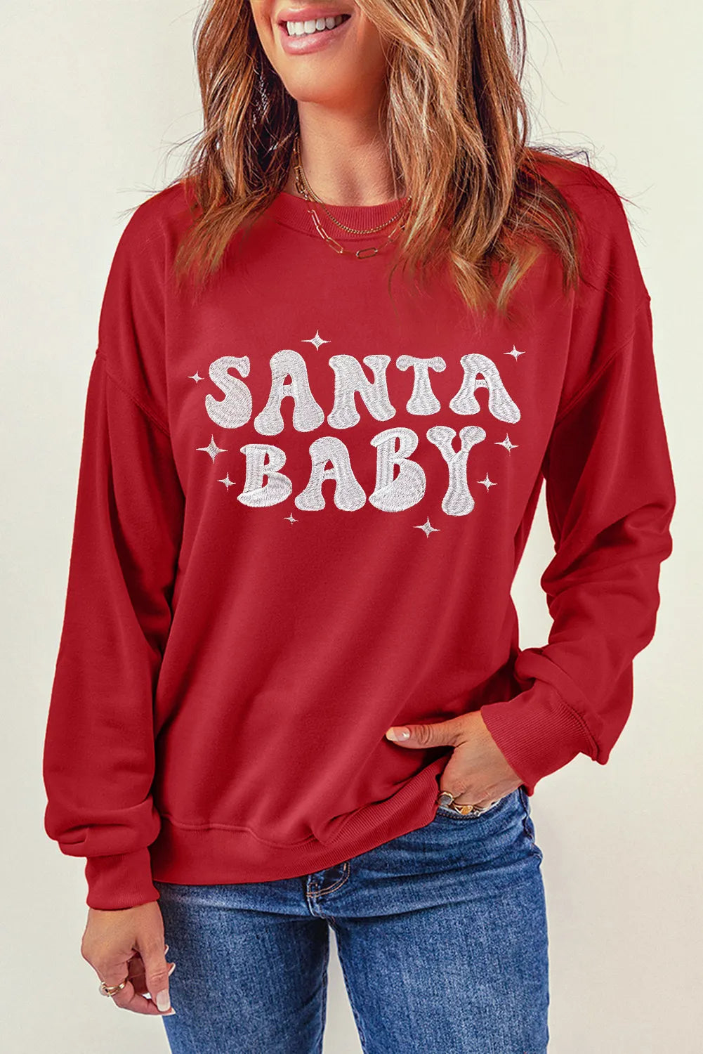 SANTA BABY Round Neck Long Sleeve Sweatshirt-TOPS / DRESSES-[Adult]-[Female]-2022 Online Blue Zone Planet