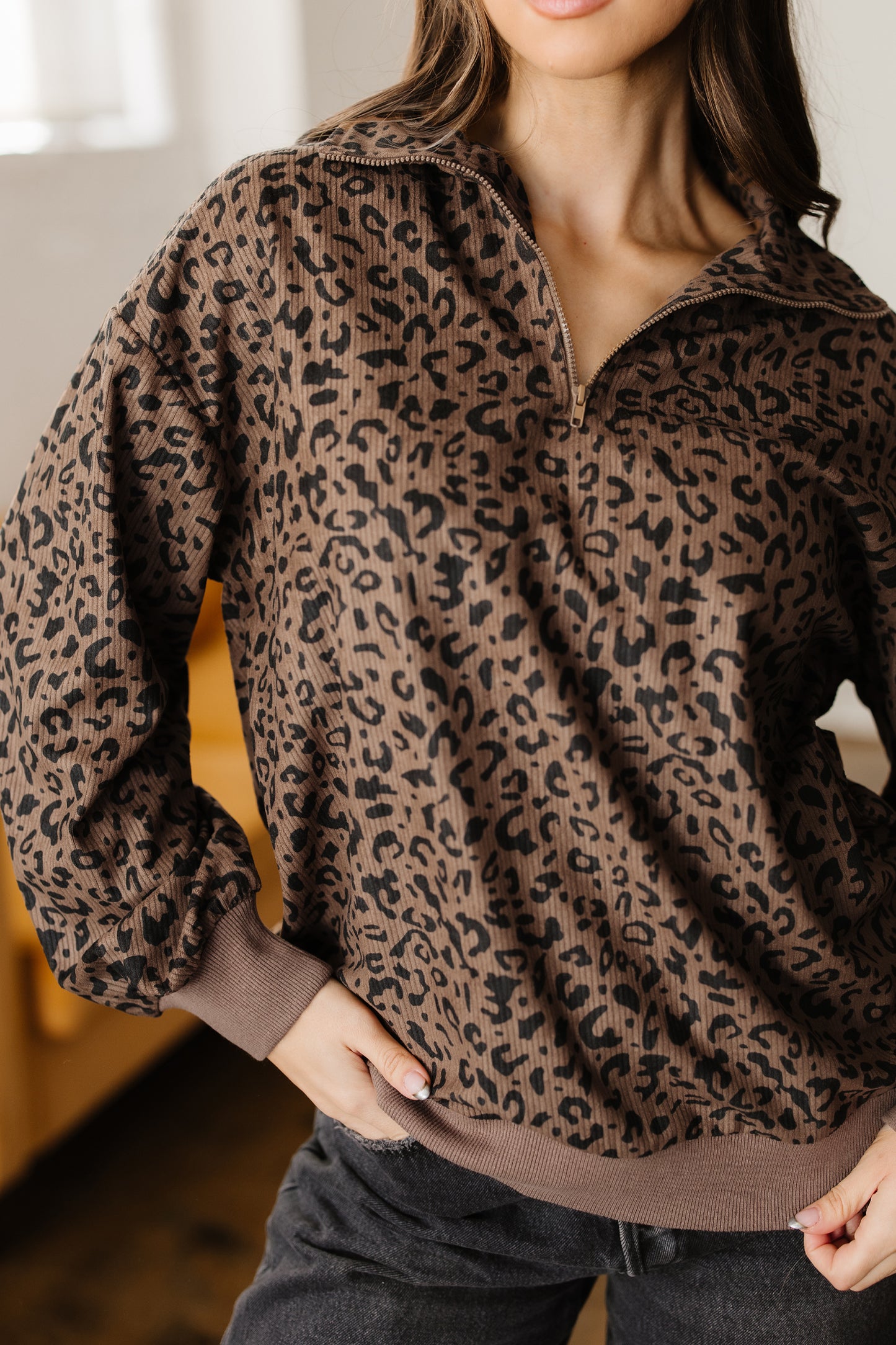 Brown Leopard Print Quarter Zip Corduroy Sweatshirt-Tops/Sweatshirts & Hoodies-[Adult]-[Female]-2022 Online Blue Zone Planet