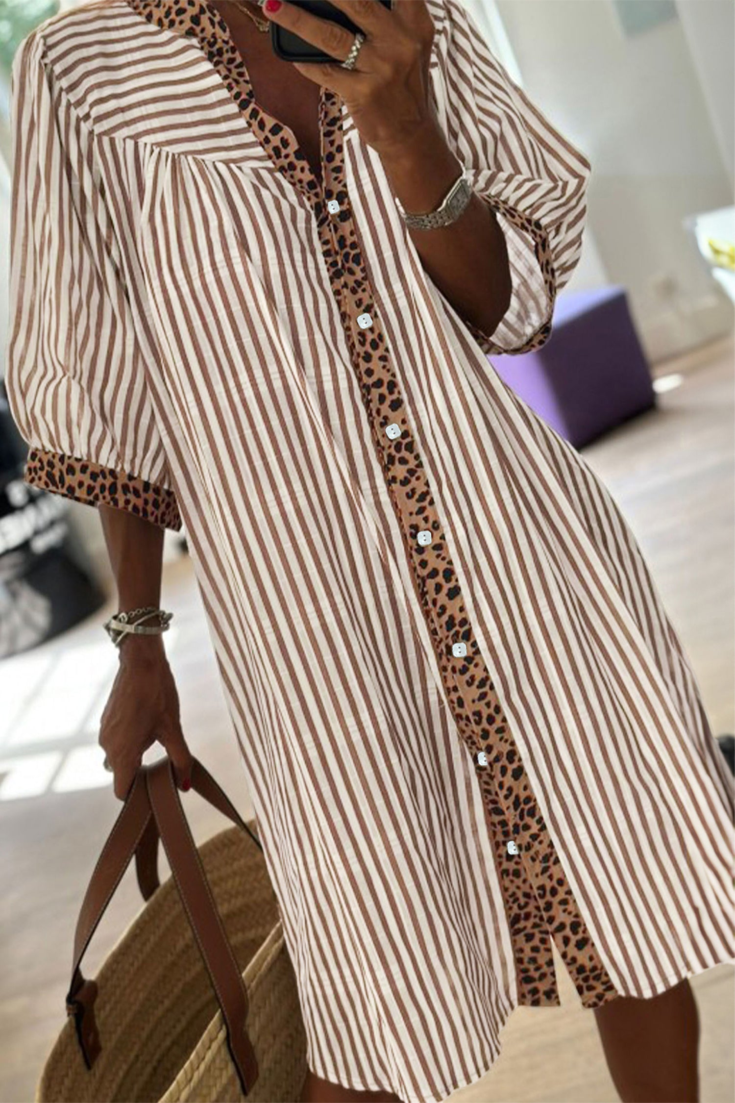 Khaki Stripe Square Button Leopard Trim Loose Bracelet Sleeve Shirt Dress-TOPS / DRESSES-[Adult]-[Female]-2022 Online Blue Zone Planet