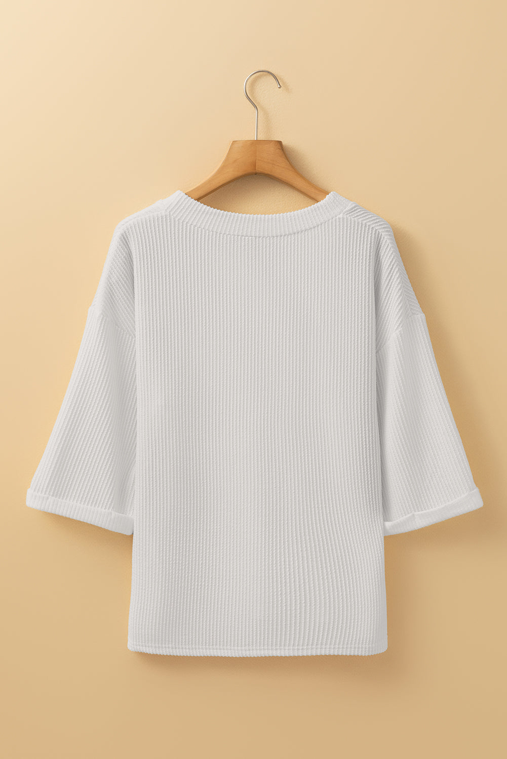 Blue Zone Planet | White Solid Color Corded Drop Shoulder 3/4 Sleeve V Neck Top-Tops/Long Sleeve Tops-[Adult]-[Female]-2022 Online Blue Zone Planet