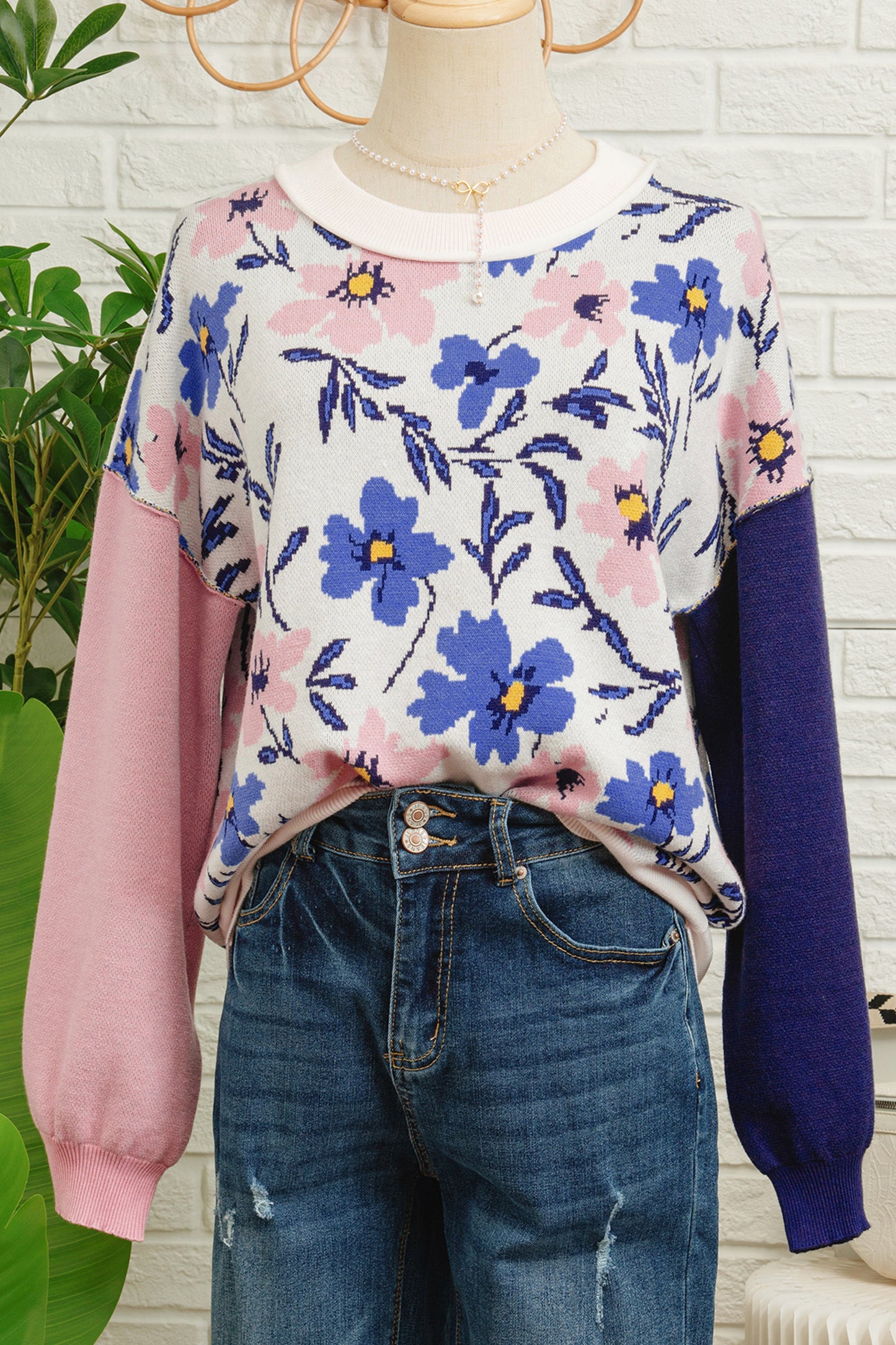 Khaki Floral Panel Colorblock Sleeve Patchwork Sweater-TOPS / DRESSES-[Adult]-[Female]-2022 Online Blue Zone Planet