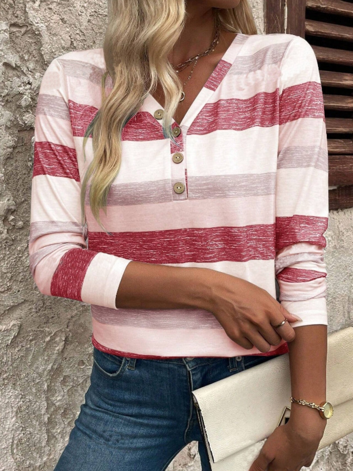 Contrast Striped V-Neck Long Sleeve T-Shirt-TOPS / DRESSES-[Adult]-[Female]-2022 Online Blue Zone Planet