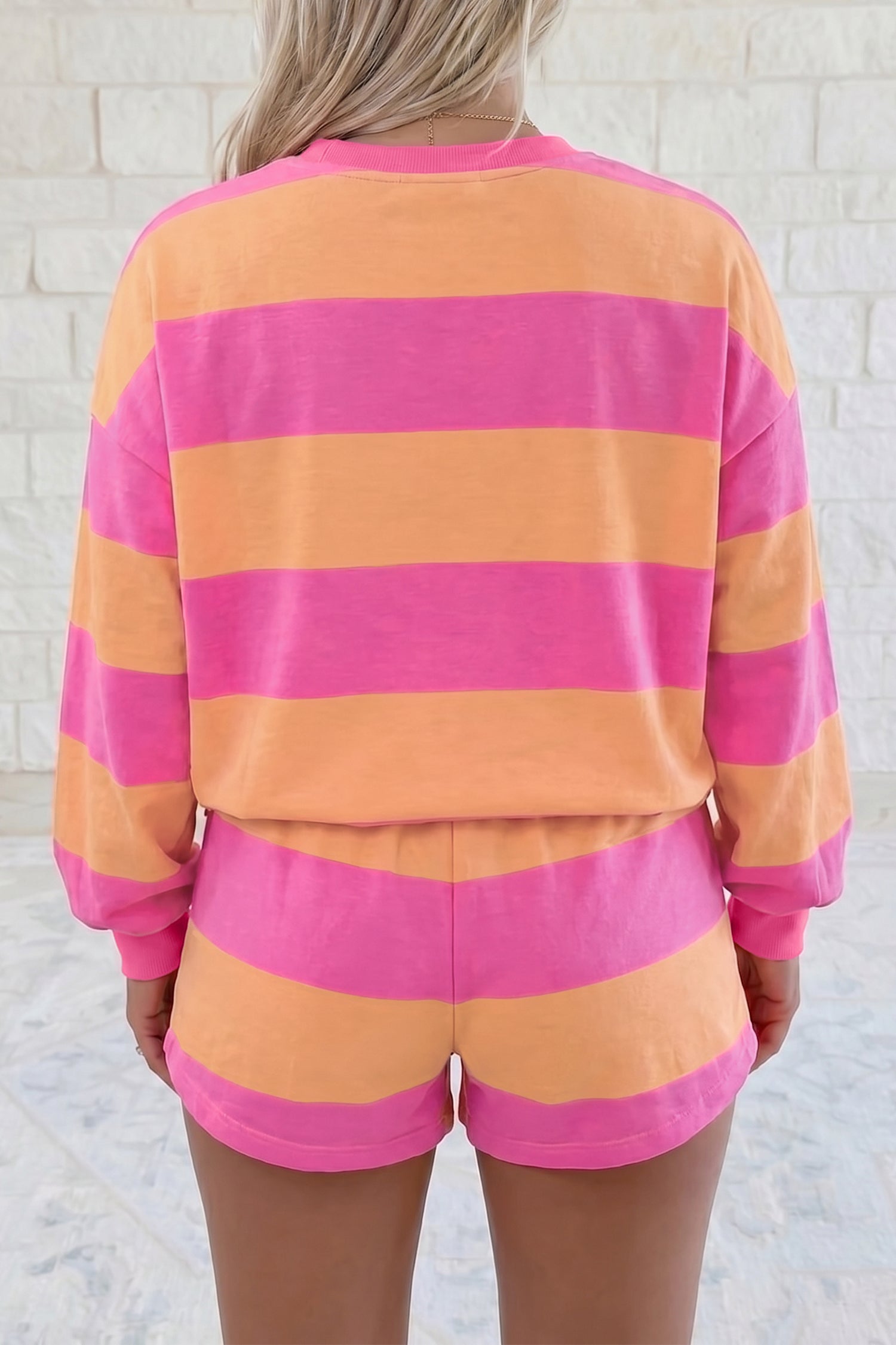 Pink Stripe Long Sleeve Casual Top Drawstring Shorts 2pcs Set-Two Piece Sets/Short Sets-[Adult]-[Female]-2022 Online Blue Zone Planet