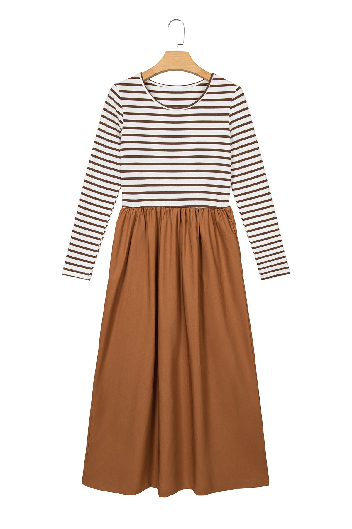 Brown Stripe Ribbed Knit Long Sleeve Bodice Contrast Patchwork Flared Dress-TOPS / DRESSES-[Adult]-[Female]-2022 Online Blue Zone Planet