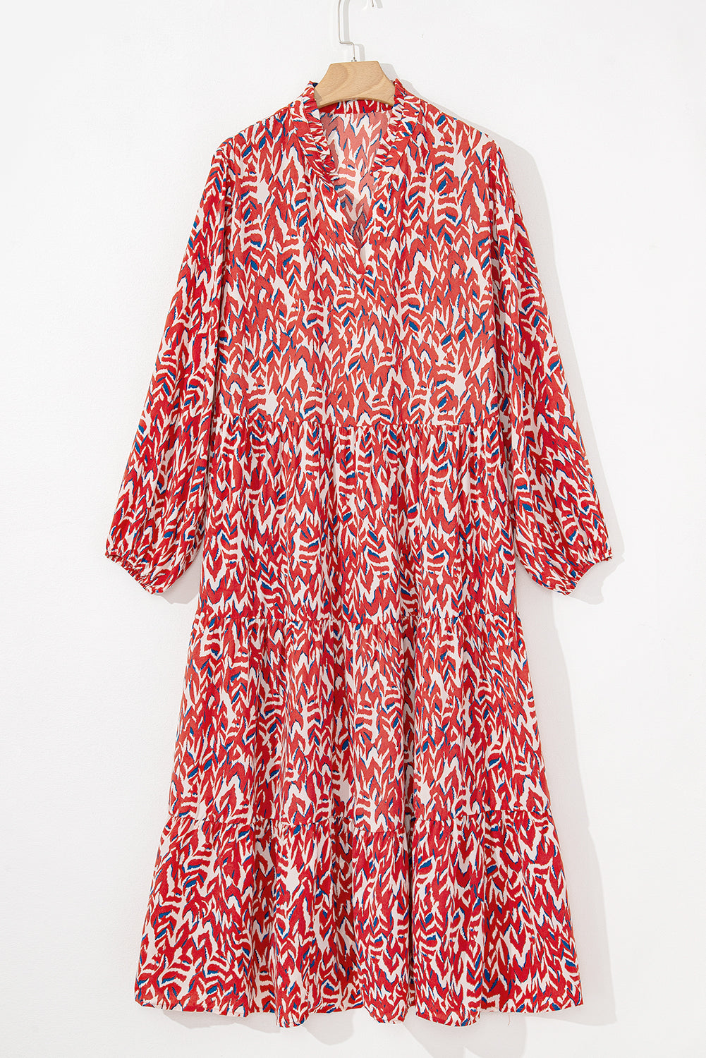 Blue Zone Planet | Red Plus Size Abstract Print Notch V Neck High Waist Maxi Dress-TOPS / DRESSES-[Adult]-[Female]-2022 Online Blue Zone Planet