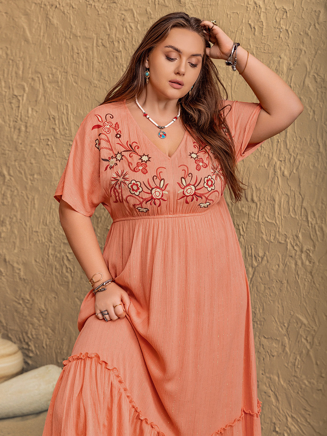 Plus Size Frill Embroidered V-Neck Half Sleeve Maxi Dress-TOPS / DRESSES-[Adult]-[Female]-2022 Online Blue Zone Planet