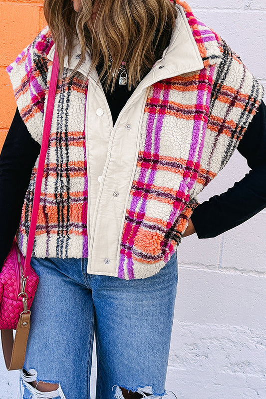 Rose Sherpa Plaid Jacket Vest-Outerwear/Vests-[Adult]-[Female]-Rose-S-2022 Online Blue Zone Planet
