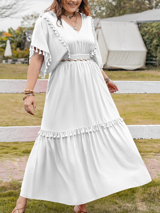 Blue Zone Planet | Plus Size Tassel Smocked V-Neck Half Sleeve Dress-TOPS / DRESSES-[Adult]-[Female]-White-0XL-2022 Online Blue Zone Planet