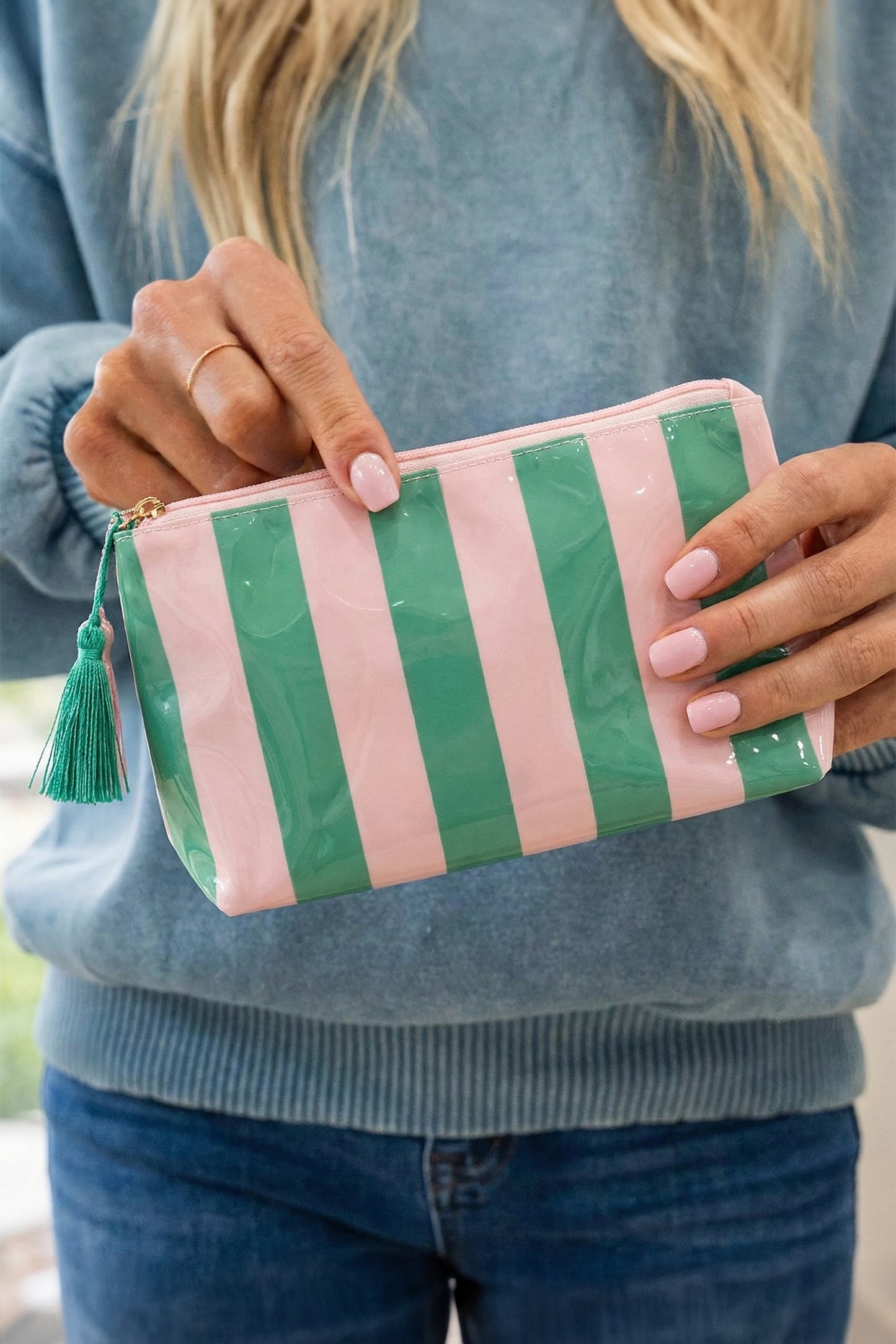 Dark Green Striped Vinyl Waterproof Tassel Zipper Makeup Bag-Shoes & Bags/Makeup Bags-[Adult]-[Female]-Dark Green-ONE SIZE-2022 Online Blue Zone Planet
