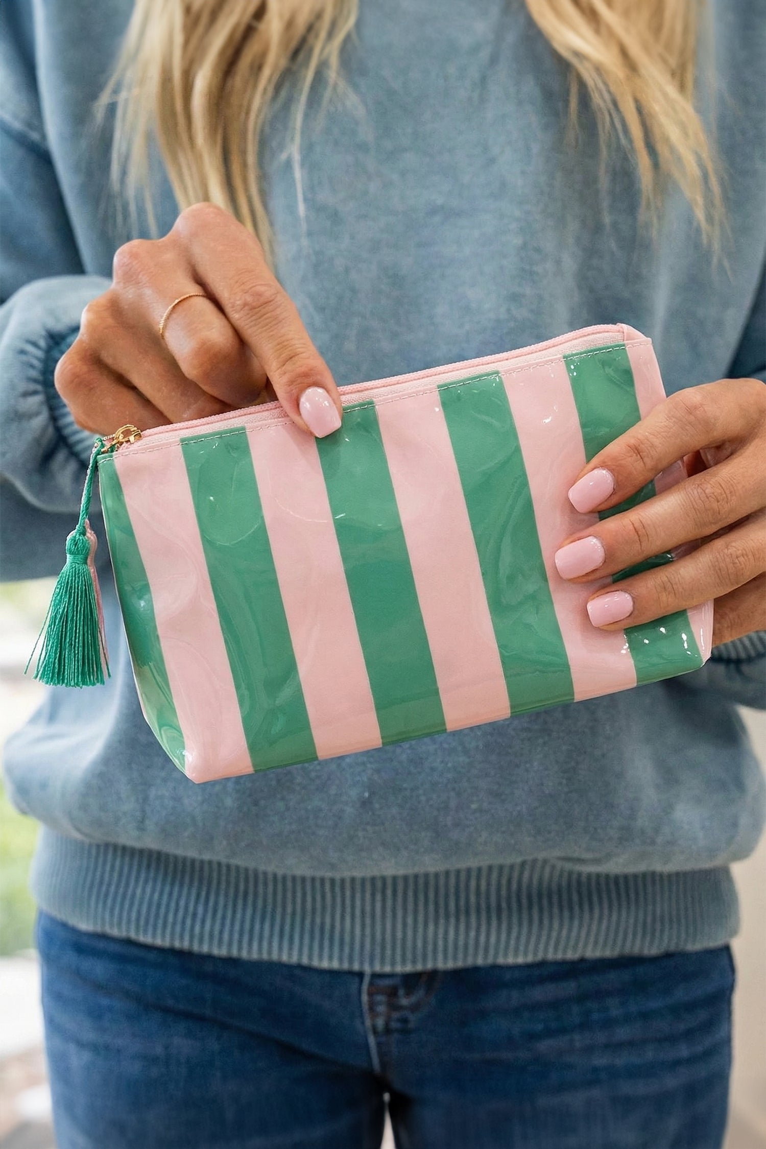 Dark Green Striped Vinyl Waterproof Tassel Zipper Makeup Bag-Shoes & Bags/Makeup Bags-[Adult]-[Female]-Dark Green-ONE SIZE-2022 Online Blue Zone Planet